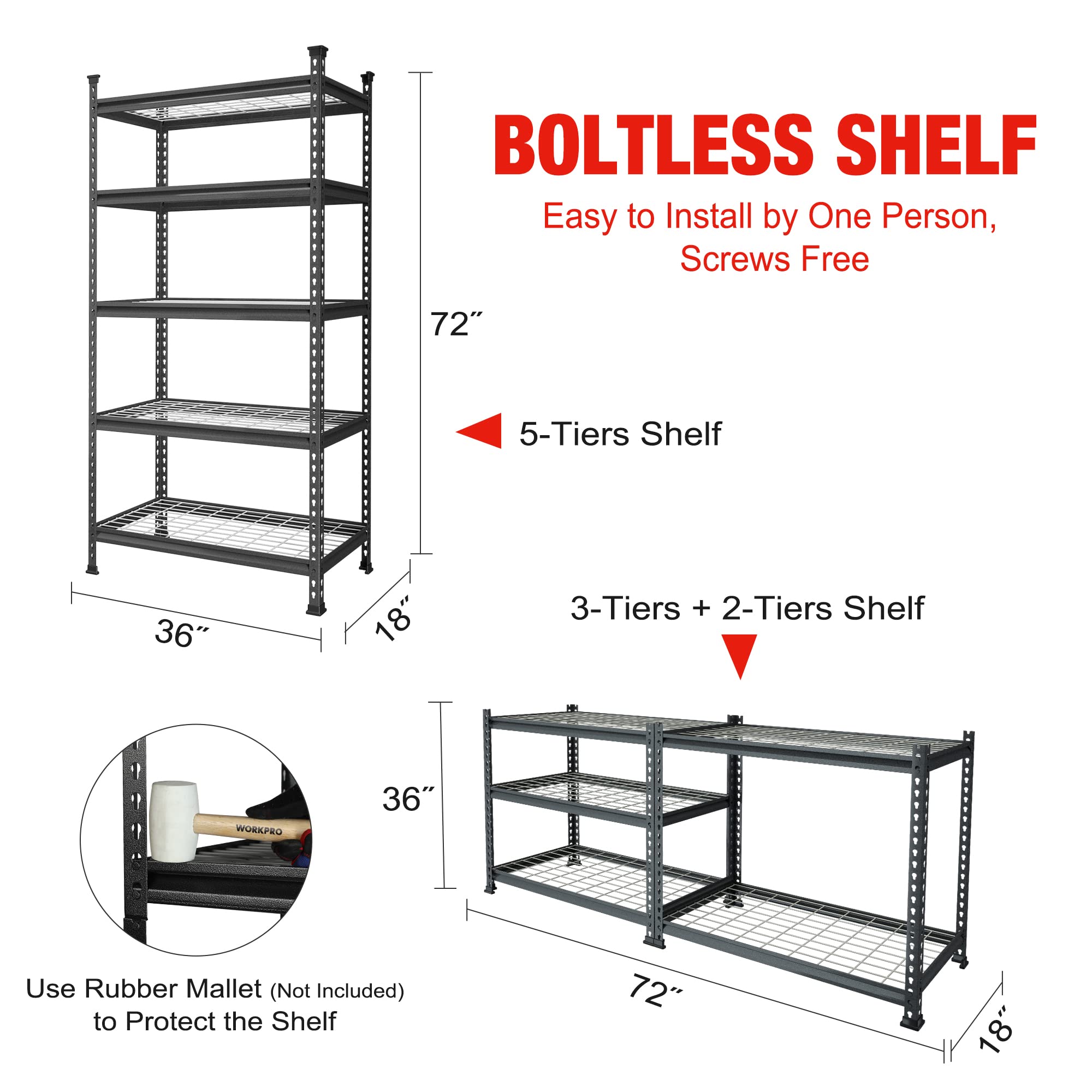 Workpro 5-Tier Metal Storage Shelving Unit, 36”W X 18”D X 72”H, Adjustable Storage Rack Heavy Duty Shelf, 4000 Lbs Load Capacity (Total), For Garage, Kitchen, Bathroom, Warehouse, Black/Silver
