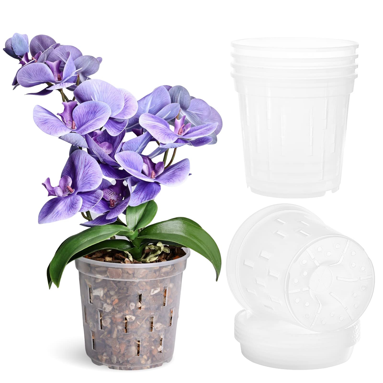 Truedays Orchid Pot With Saucers (6 Inch 4-Pack), Clear Orchid Pots With Holes, Plastic Planter With Trays, Planters For Indoor