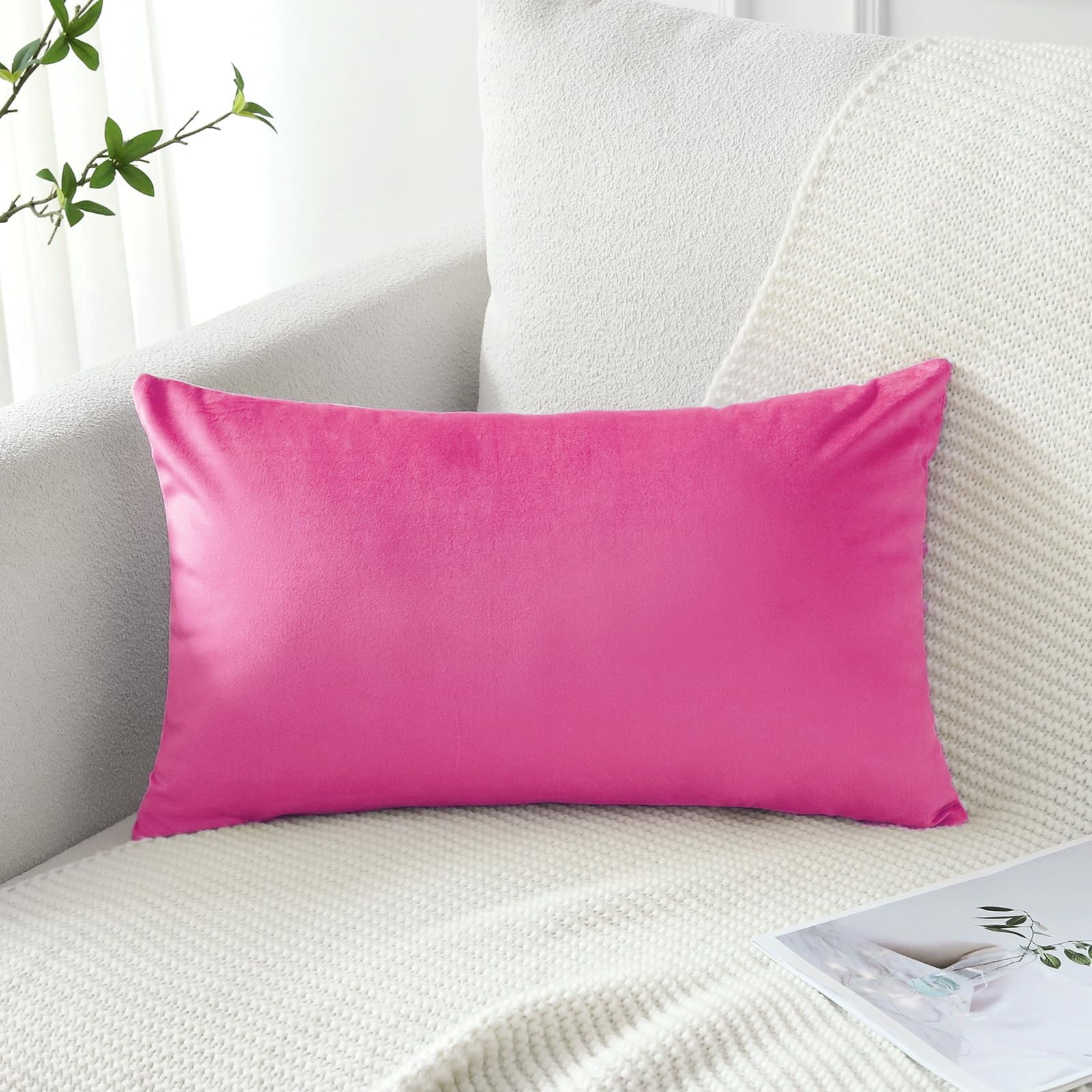 Artscope Luxury Velvet Pillow Covers Decorative Rectangle Pillowcases Soft Solid Cushion Cases For Couch Sofa Bedroom Car Decor 16X24 Inch Hot Pink