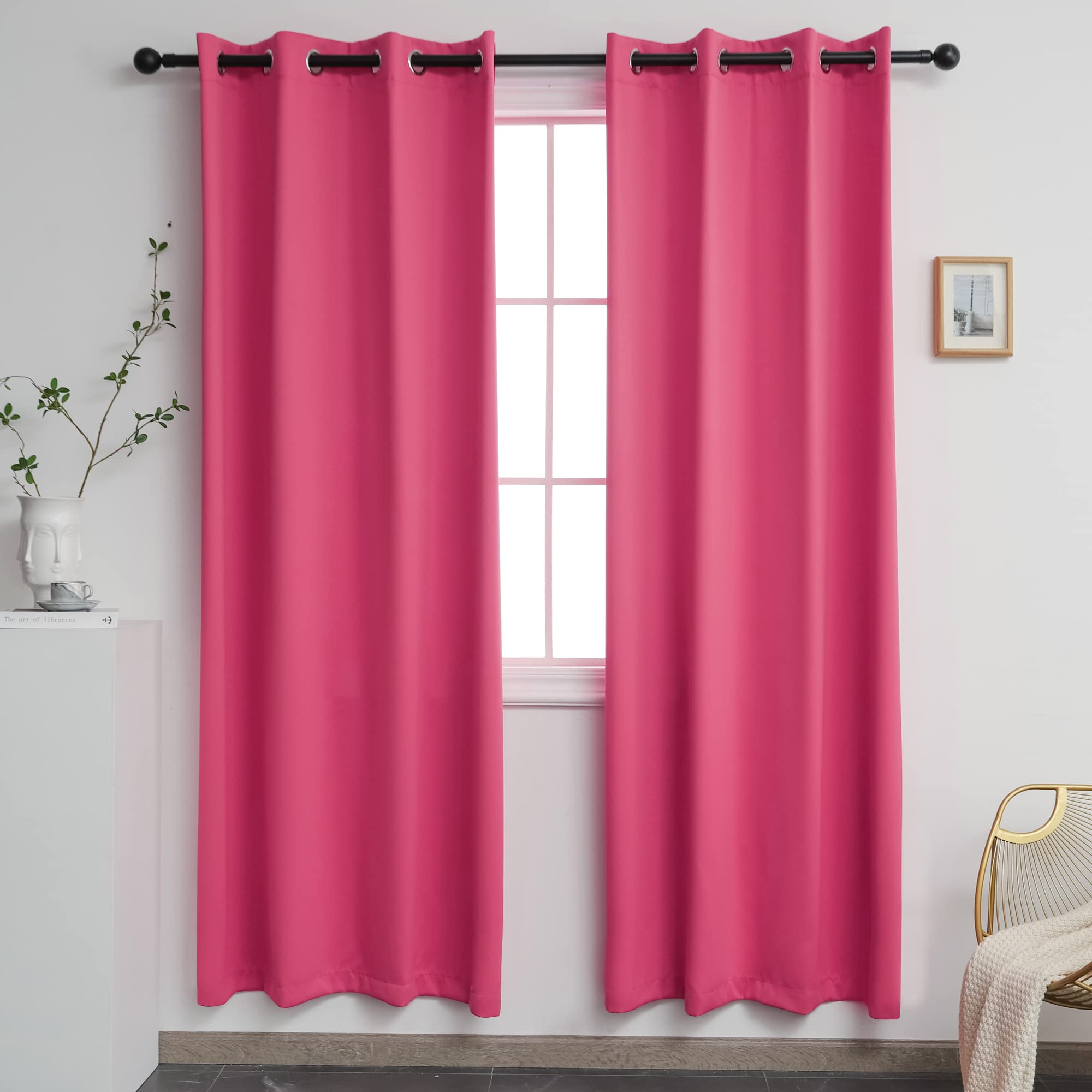 Ygo Hot Pink Blackout Curtains For Bedroom 2 Panels Set Room Darkening Drapes Thermal Insulated Solid Grommets Window Treatment