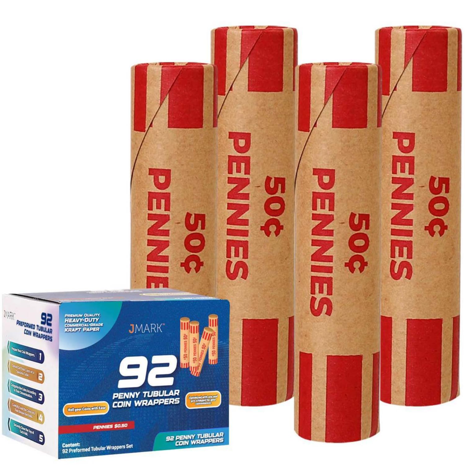 J Mark Burst Resistant Preformed Penny Coin Roll Wrappers, Made In Usa, 92-Count Heavy Duty Penny Wrappers For Coins Cartridge-S