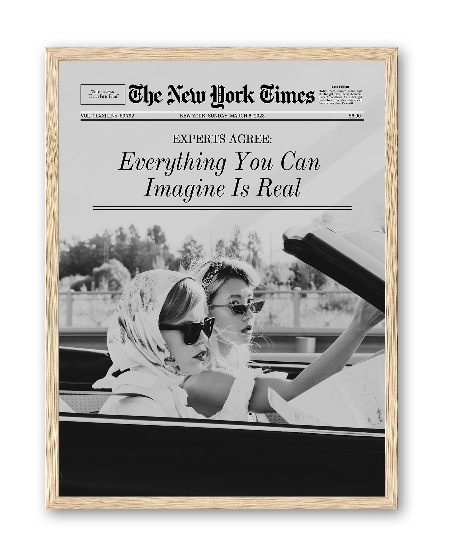 iHery Small Everything You Can Imagine Is Real Framed Trendy NewsPaper Wall Art, Natural OAK Wood 8x10in Canvas Wall Art Decor F