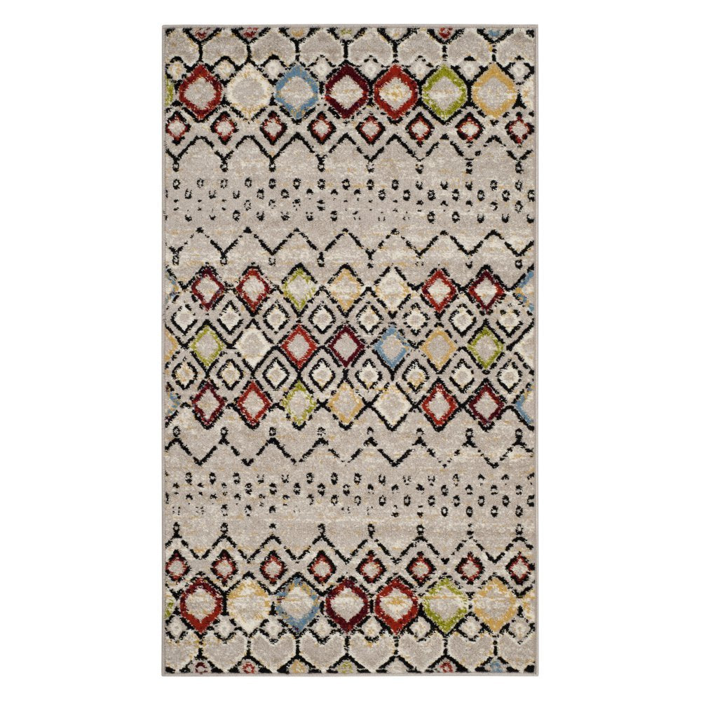 SAFAVIEH Amsterdam Collection Area Rug - 5'1'' x 7'6'', Light Grey & Multi, Moroccan Boho Design, Non-Shedding & Easy Care, Idea