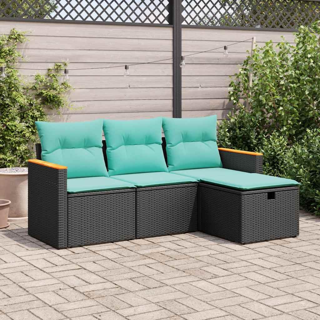 vidaXL 4-Piece Patio Sofa Set - Black Poly Rattan Outdoor Furniture with Cushions and Storage
