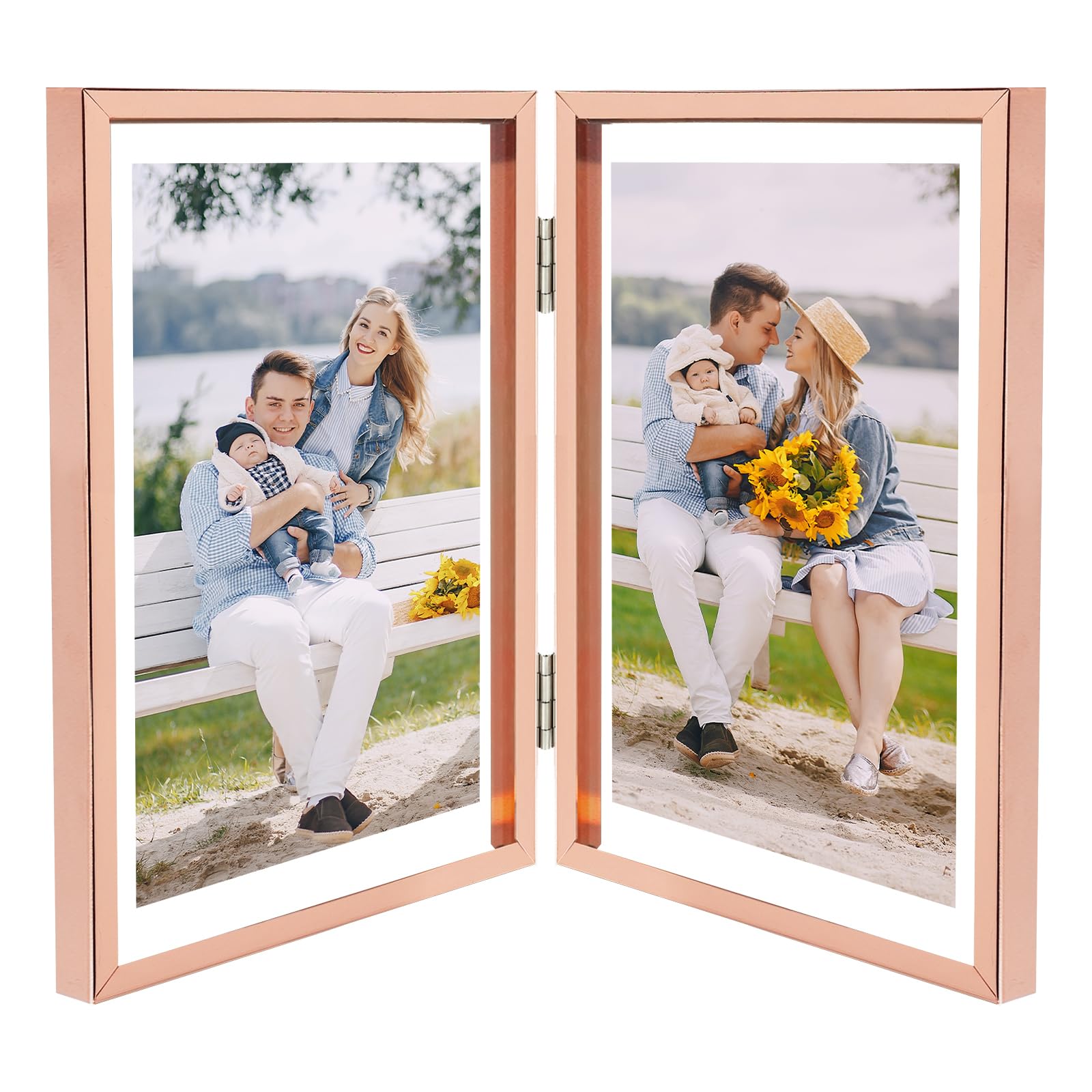 Golden State Art, Rose Gold 6x8 Hinged Double Frame - Floating Frame for 5 x 7 or Smaller Photos - Metal Frame and Real Glass, E
