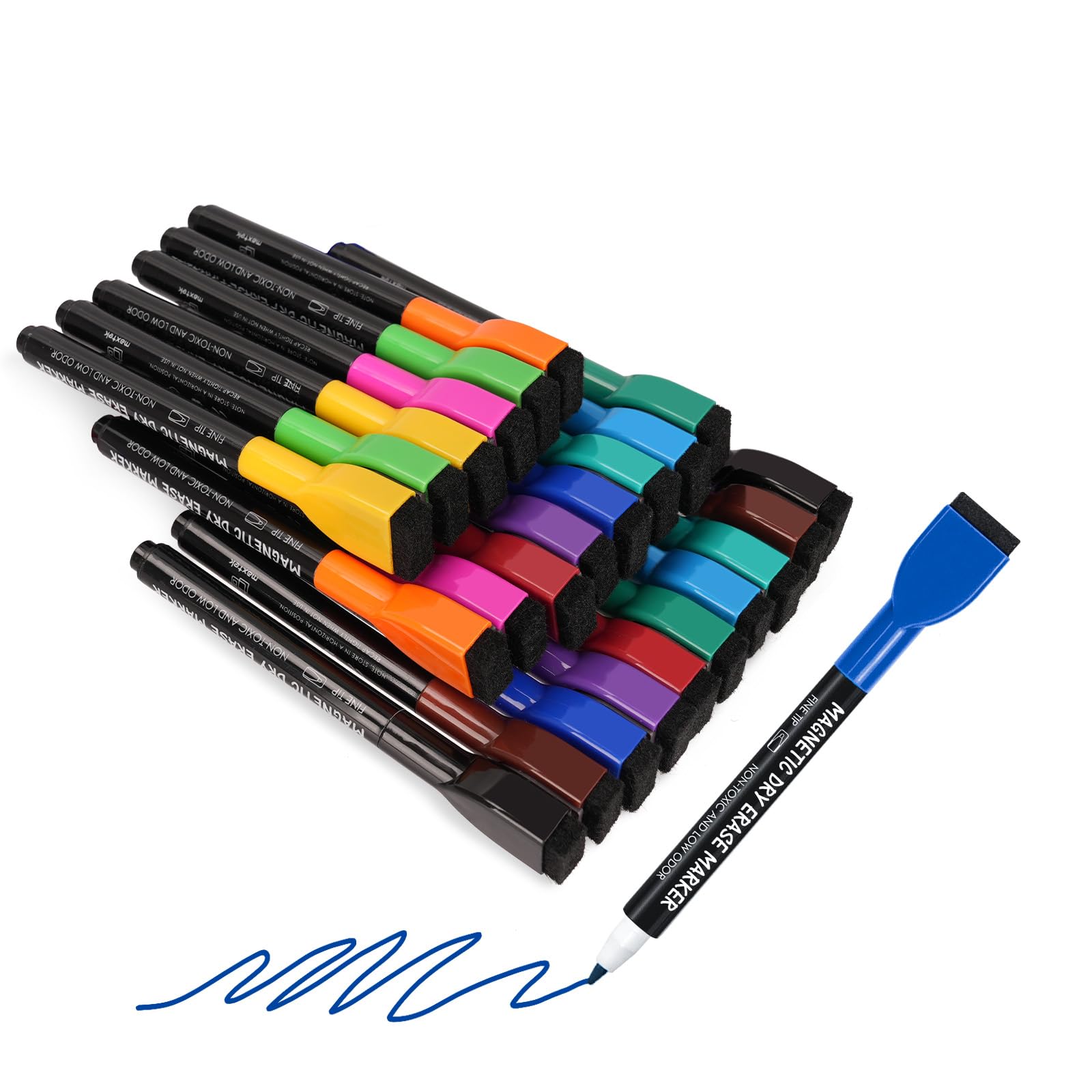 Maxtek 24 Count Magnetic Dry Erase Markers, Fine Tip, 12 Colors Whiteboard Markers With Built-In Eraser, Low Odor Thin Markers