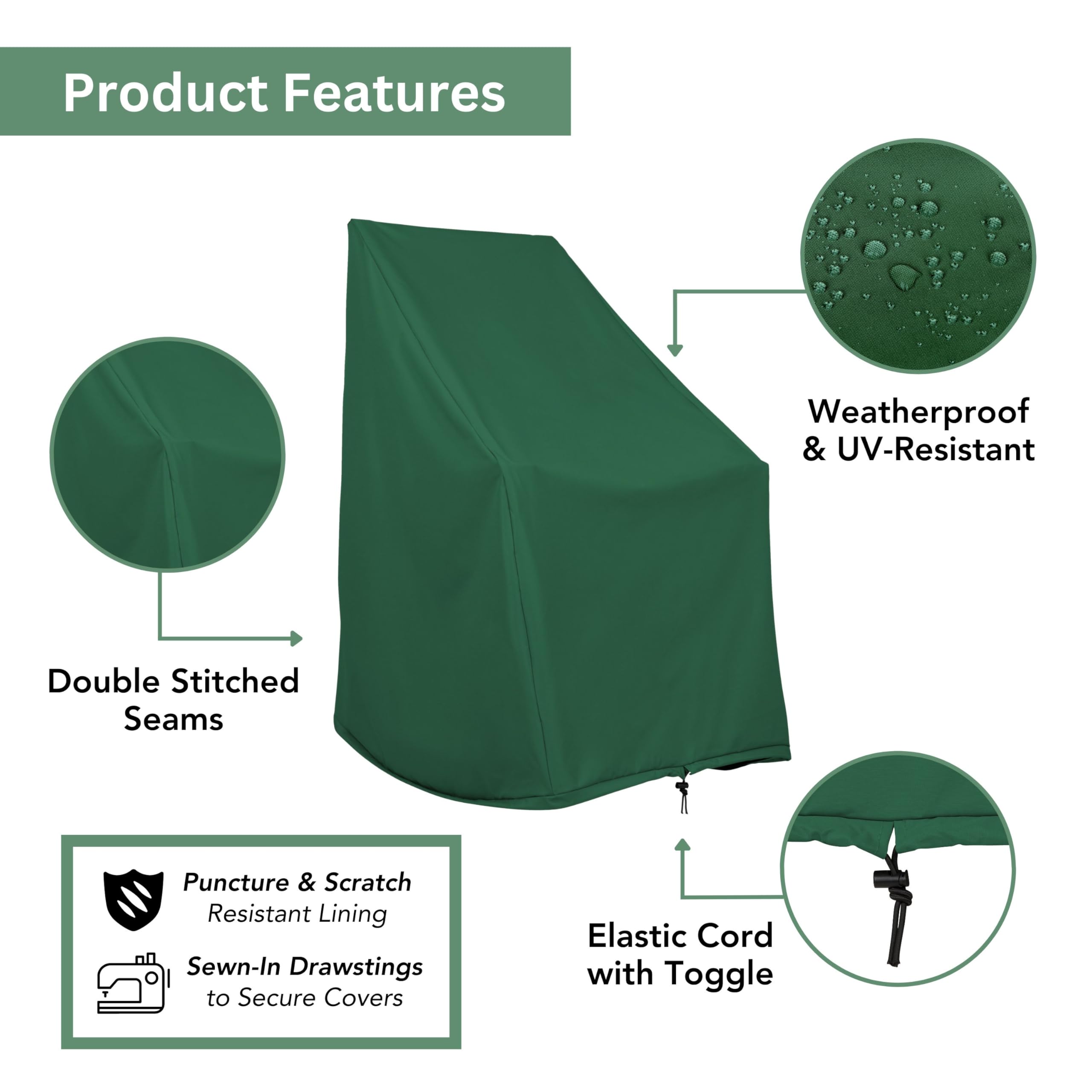 Shine Company Weatherproof Outdoor Rocking Chair Cover Set Of 2, 100% Woven Polyester, Elastic Cord With Toggle, Hunter Green, 2-Pack