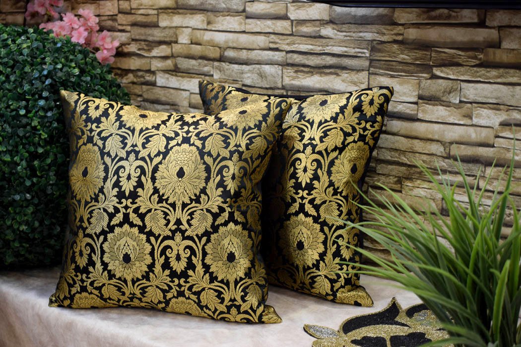 Royal Decofurnishing Brocade Silk Mughal Banarasi Floral Cushion Covers (Black & Golden, 24X 24 Inches, 60X60Cms)  Set Of 2