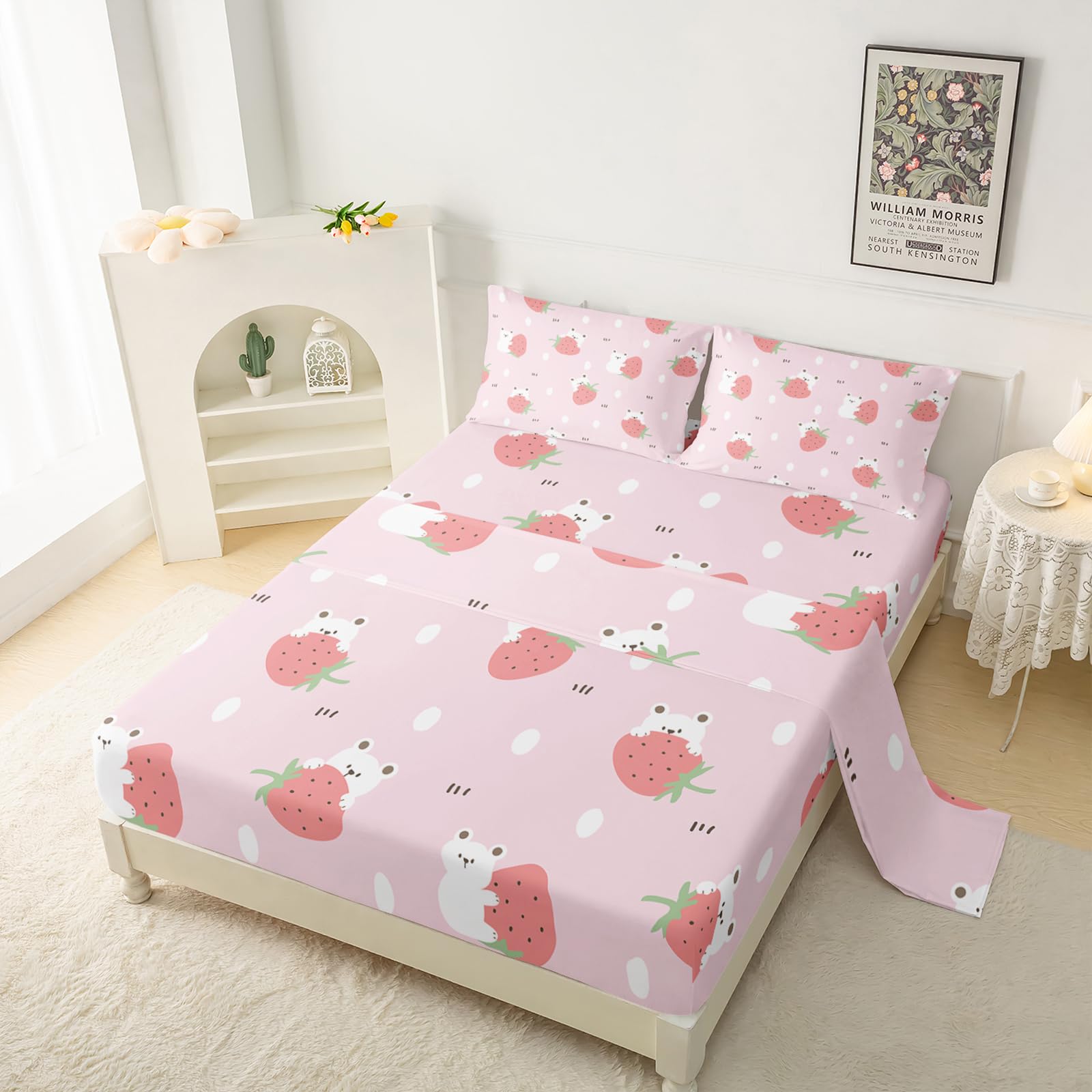 Qoomo Bear Sheet Set,Strawberry Kids Bed Sheets,Pink Bear 16'' Deep Pocket Bed Sheet Set For Boys/Girls/Kids/Teens,4 Piece Sheet