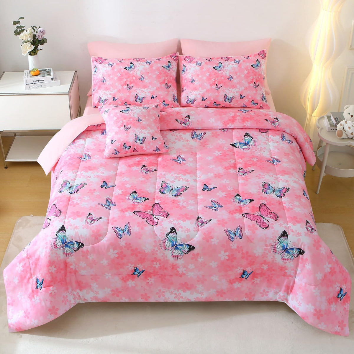 Jqinhome 8 Pc Butterfly Comforter Set Queen, 3D Pink Flower Printed Butterfly Bedding Set For Girls Women,All Season Microfiber