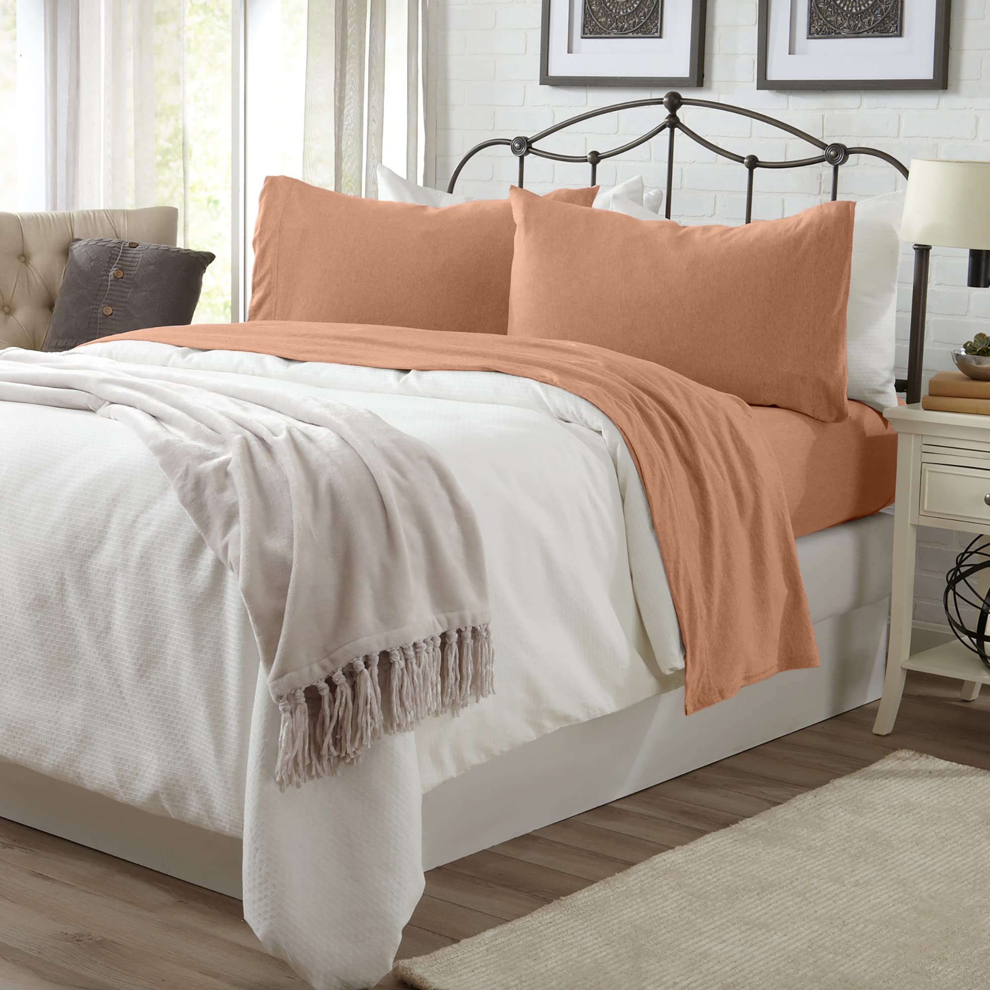 4 Piece Jersey Knit Full Cotton Blend Orange Sheet Set | Ultra-Soft T-Shirt Jersey Bedding Sheets & Pillowcases | Heathered, Bre