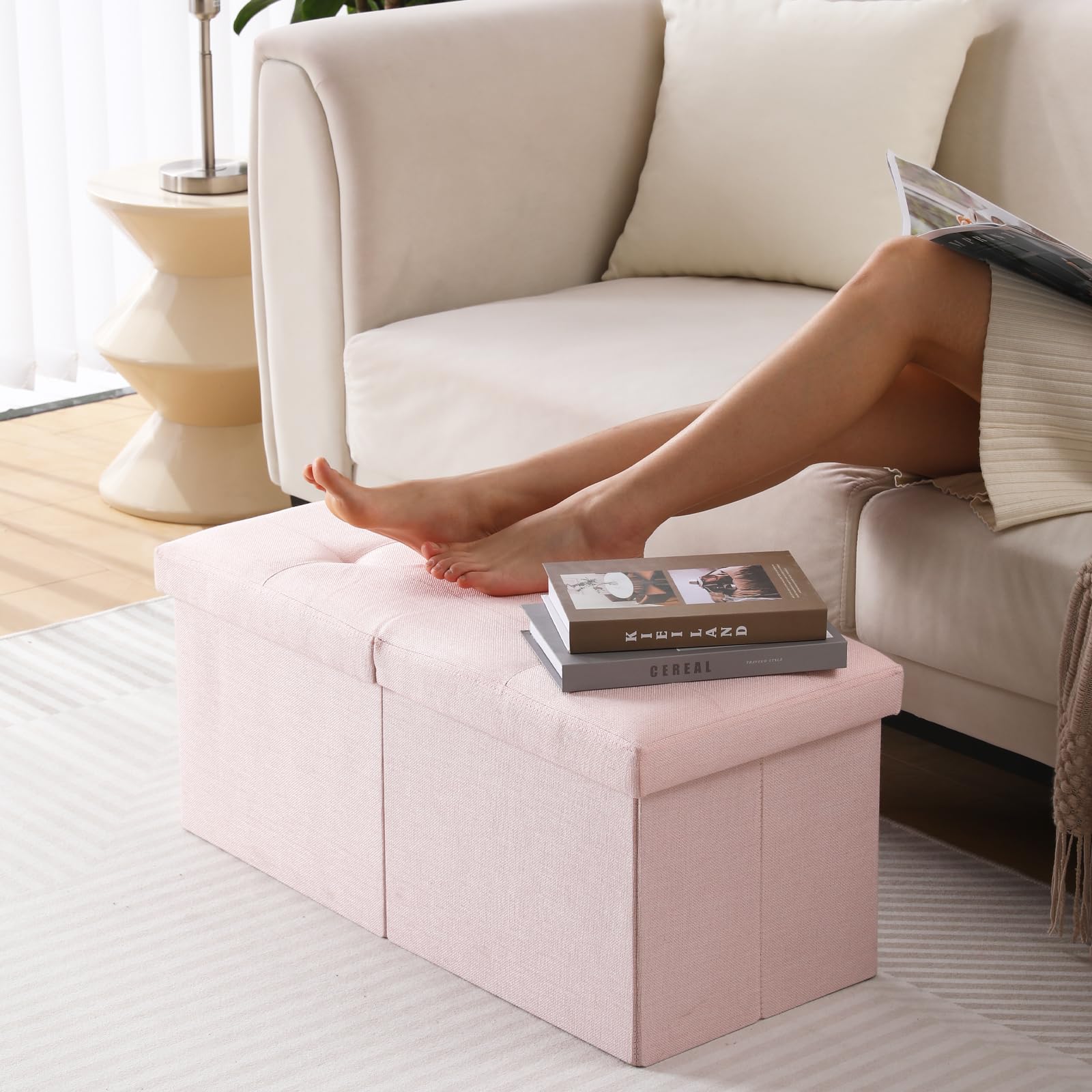 Cuyoca Storage Ottoman Bench Foldable Seat Footrest Shoe Bench End Of Bed Storage With Flipping Lid, 75L Storage Space, 30 Inches Linen Fabric Pink