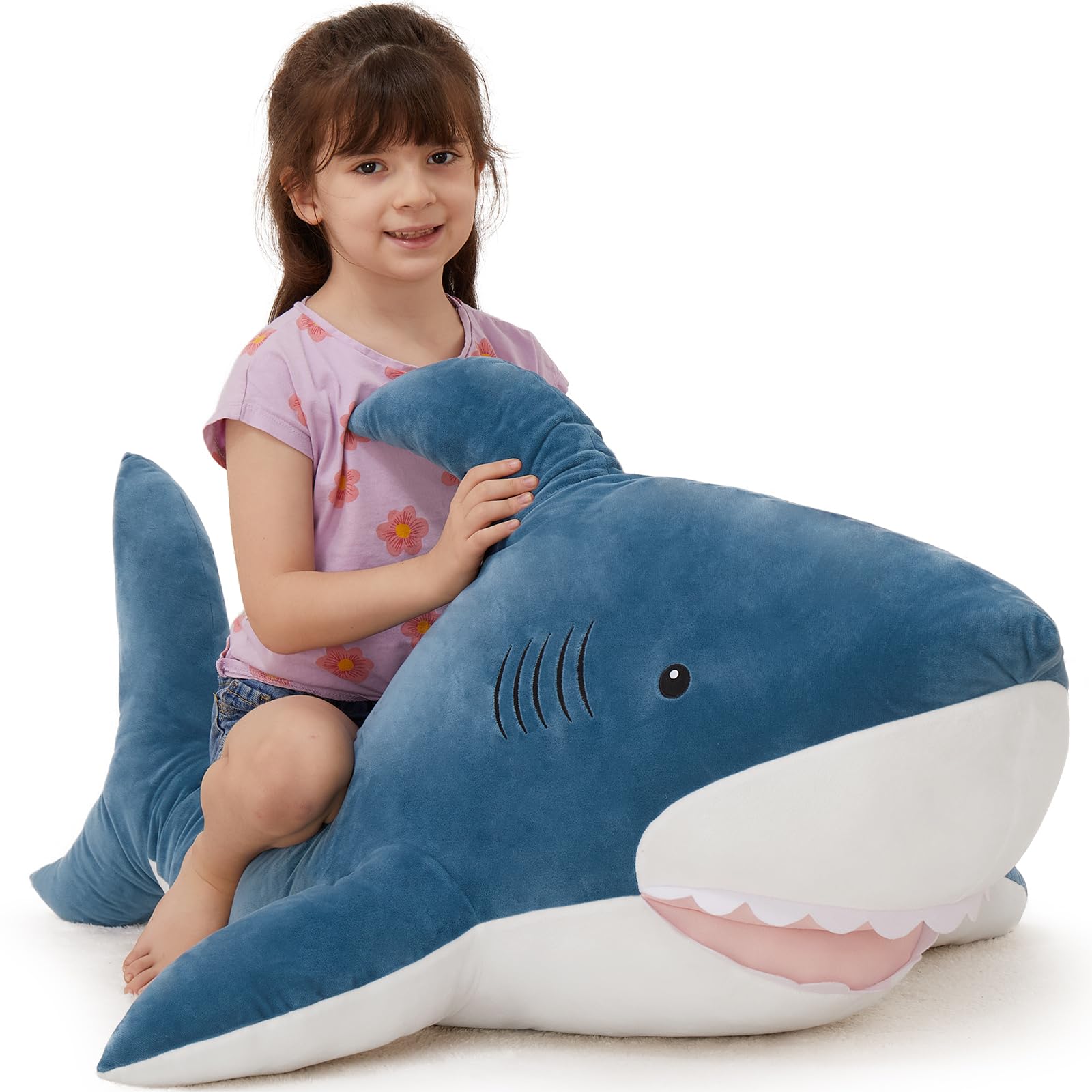 Morismos Giant Shark Stuffed Animal, 51' Large Stuffed Shark Plush, Big Shark Plush Pillow Gift For Kids Girlfriend, Blue