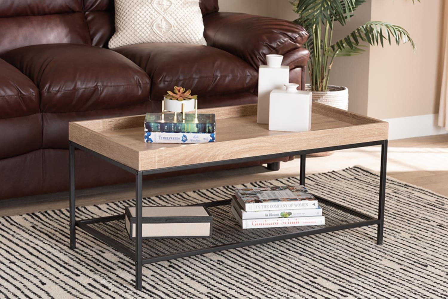 Baxton Studio Overton Modern Industrial Oak Brown Finished Wood and Black Metal Coffee Table