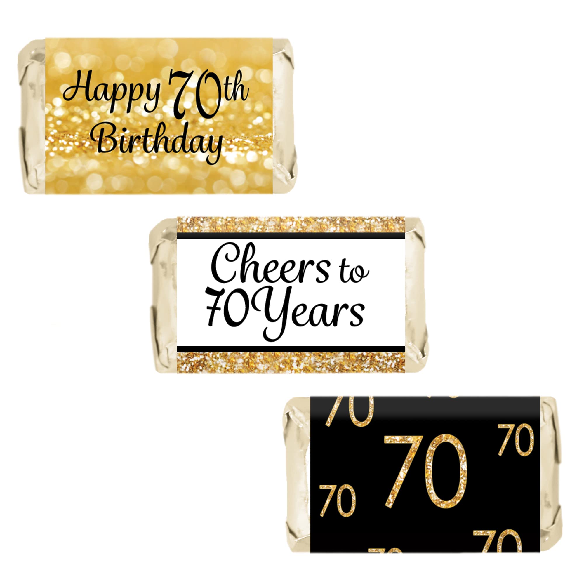 DISTINCTIVS Black and Gold 70th Birthday Party Mini Candy Bar Wrappers - 45 Stickers