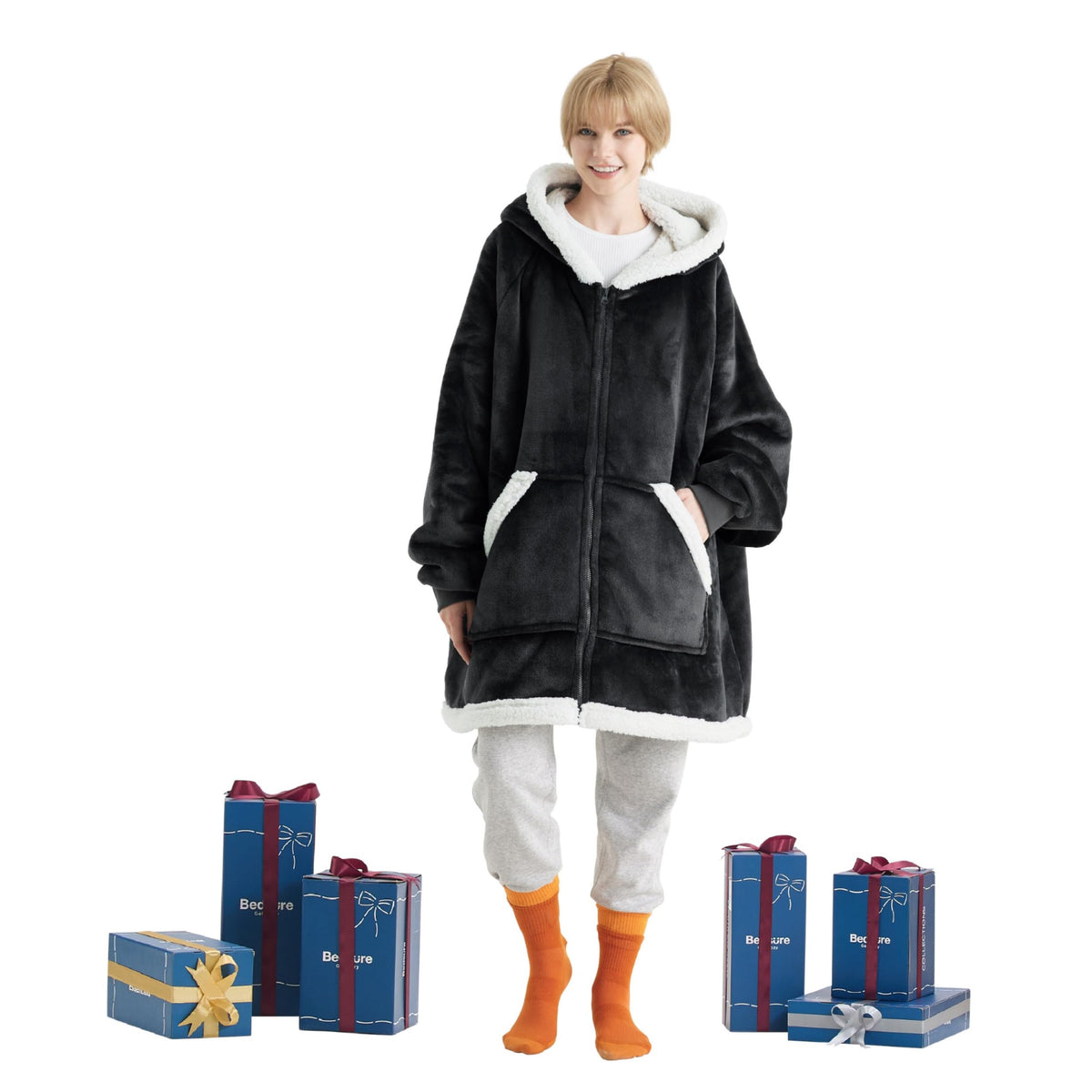 Bedsure Wearable Blanket Hoodie With Zipper - Sherpa Hooded Blanket Jacket As Warm Gifts For Girlfriend Mom Women Men In Winter,