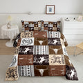 Manfei Western Cowboy Comforter Set Queen Size, Bull Skull Horse Arrow Print Quilt Set With 2 Pillowcases, Geometric Grid Brown
