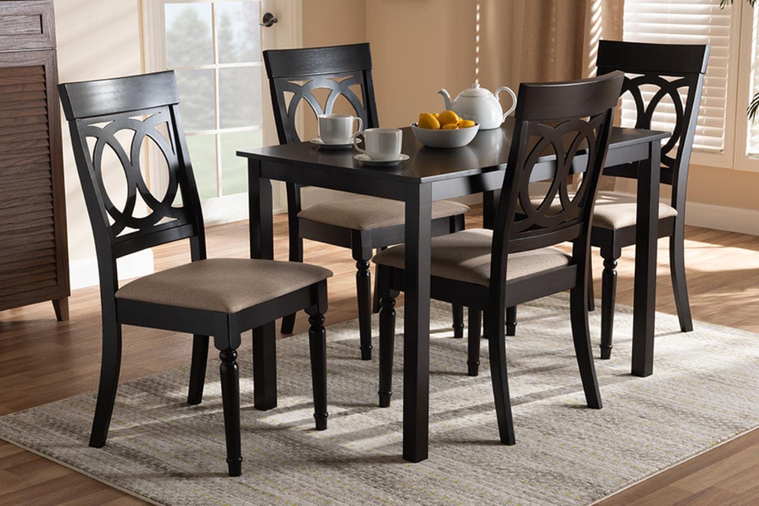 Baxton Studio Lucie Modern and Contemporary Sand Fabric Upholstered Espresso Brown Finished 5-Piece Wood Dining Set