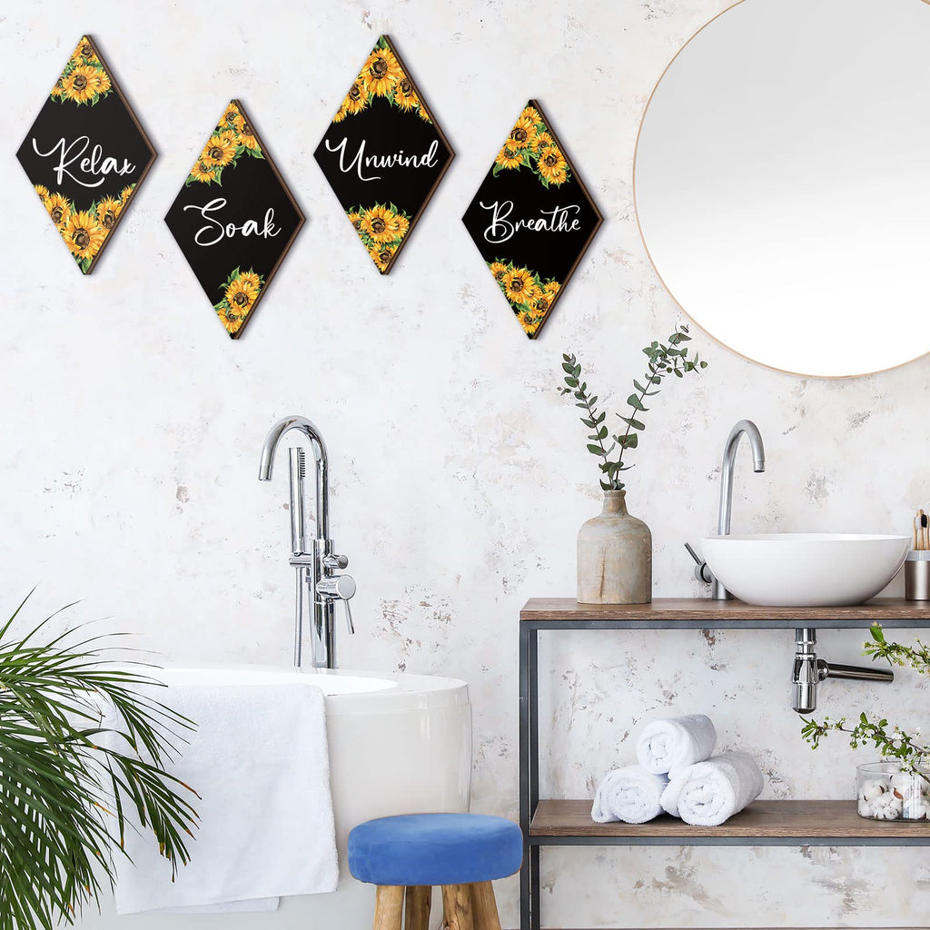 Qunclay Sunflower Bathroom Wall Decor - Rustic Signs for Home, Kitchen, Laundry, Spa - Black, Yellow, White - Model WV-Qunclay-5203