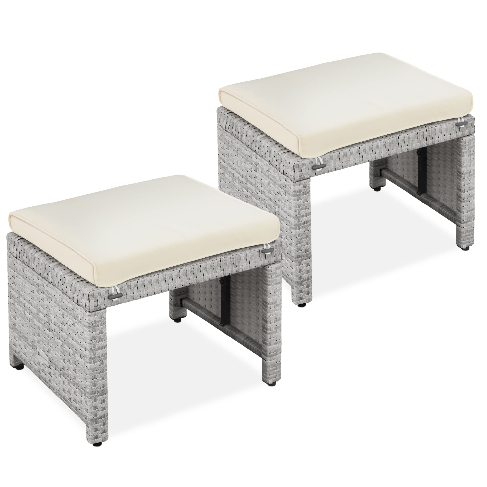 Best Choice Products Set Of 2 Wicker Ottomans, Multipurpose Outdoor Furniture For Patio, Backyard, Additional Seating, Footrest, Side Table W/Removable Cushions, Steel Frame - Gray/Cream