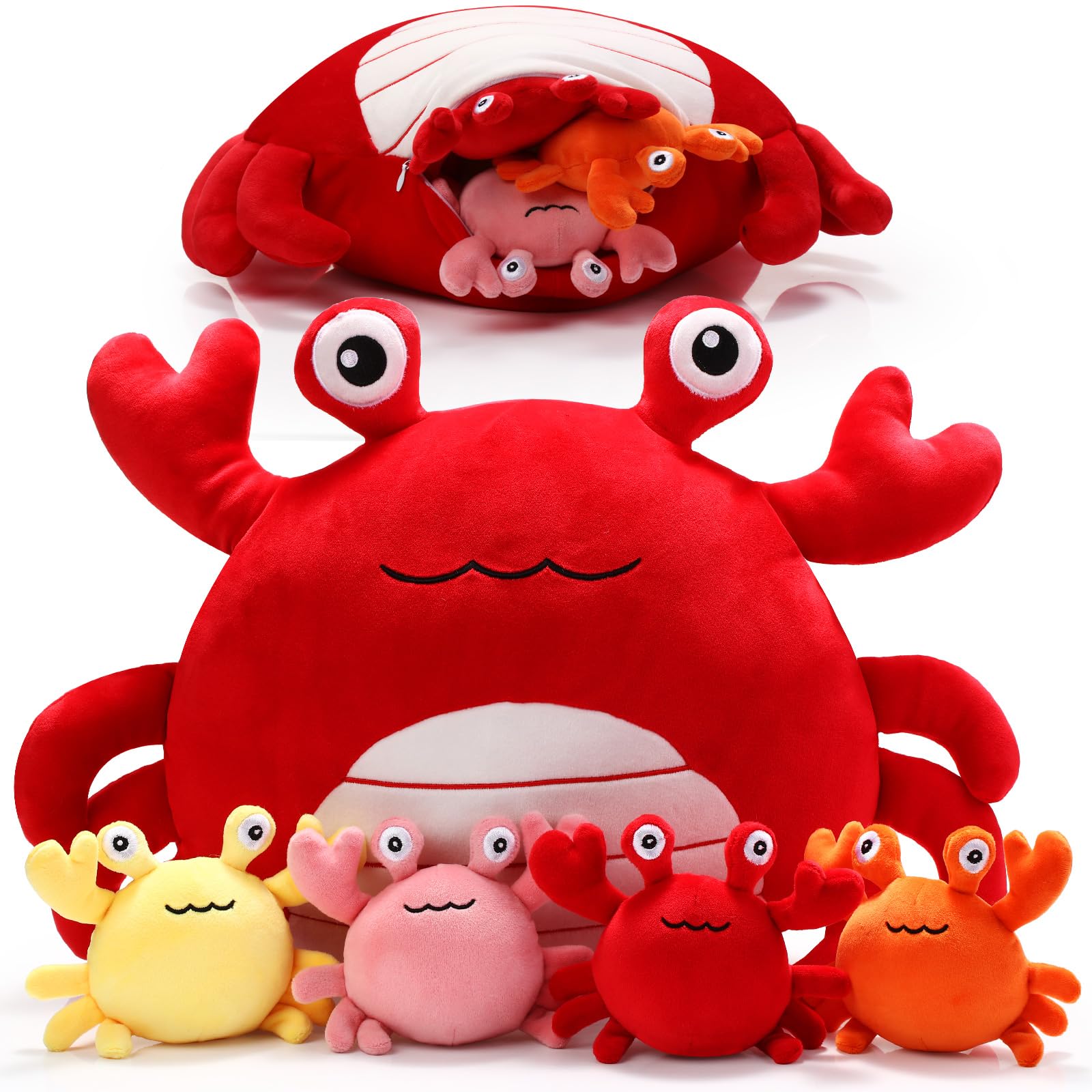 DoubleFill 5 Pcs Crab Stuffed Animal Plush Toys Crab Mom with 4 Baby Plushies Sea Ocean Stuffed Animal Pillows, Gifts for Christ