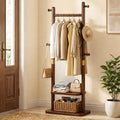Taitiy Solid Wood Coat Rack, Freestanding Clothing Rack with 2 Shelves Storage & 5 Hooks, Heavy Duty Clothes Rack Stand for Hall