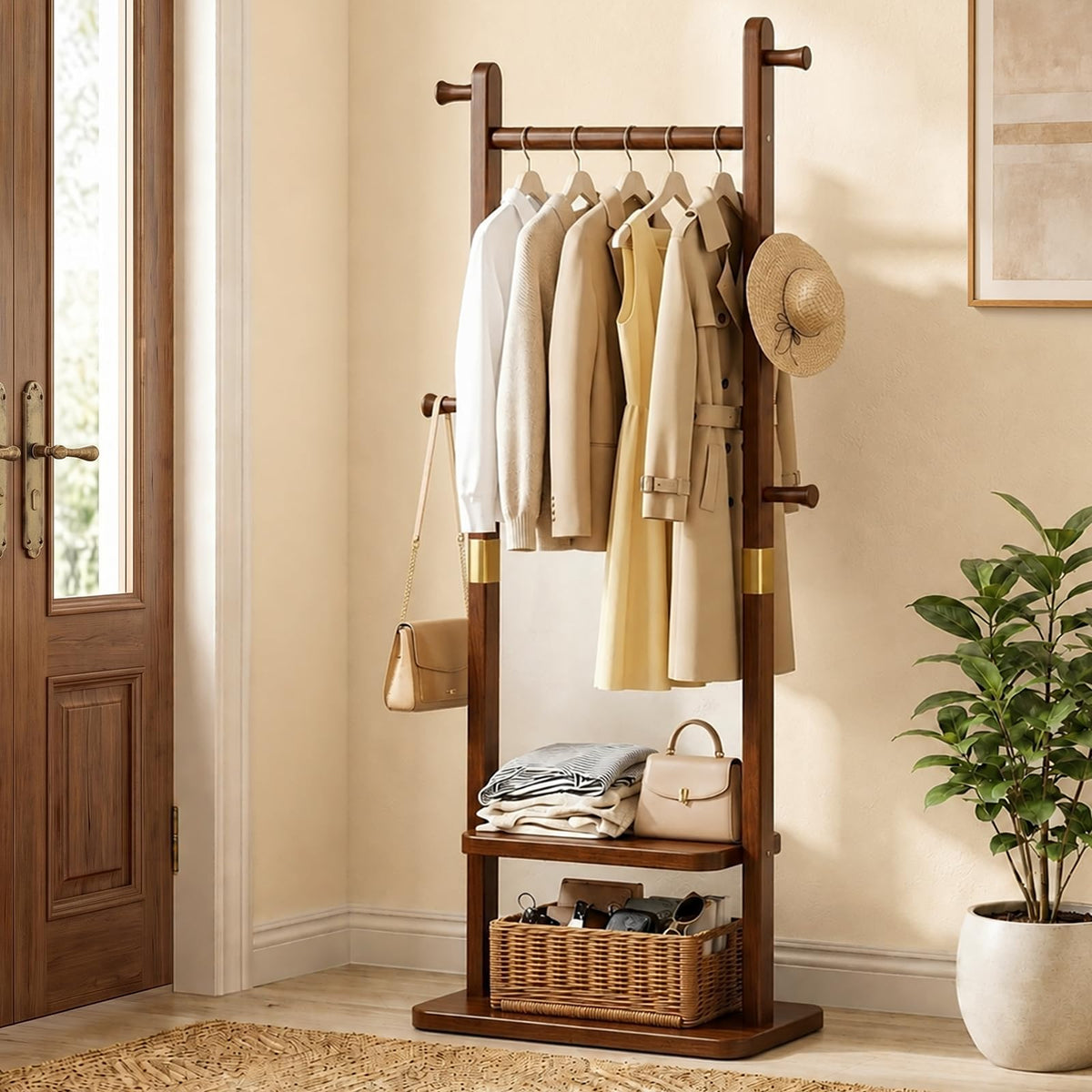 Taitiy Solid Wood Coat Rack, Freestanding Clothing Rack with 2 Shelves Storage & 5 Hooks, Heavy Duty Clothes Rack Stand for Hall