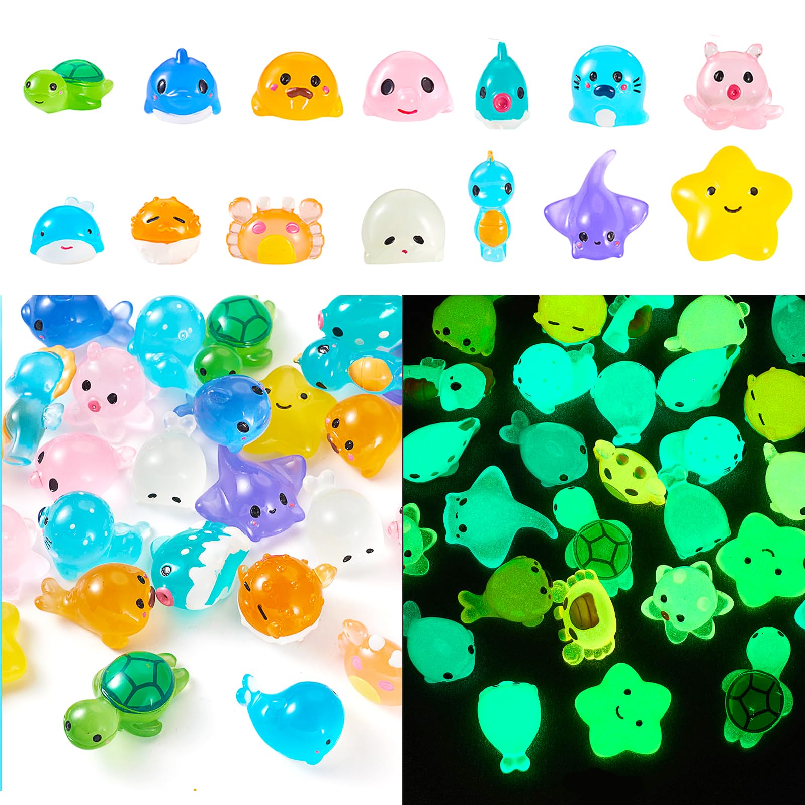 Beadthoven 28Pcs Luminous Mini Resin Sea Animals Figures, Fish Crab Star Turtle Figurine Glow In The Dark Miniature Ocean Animal