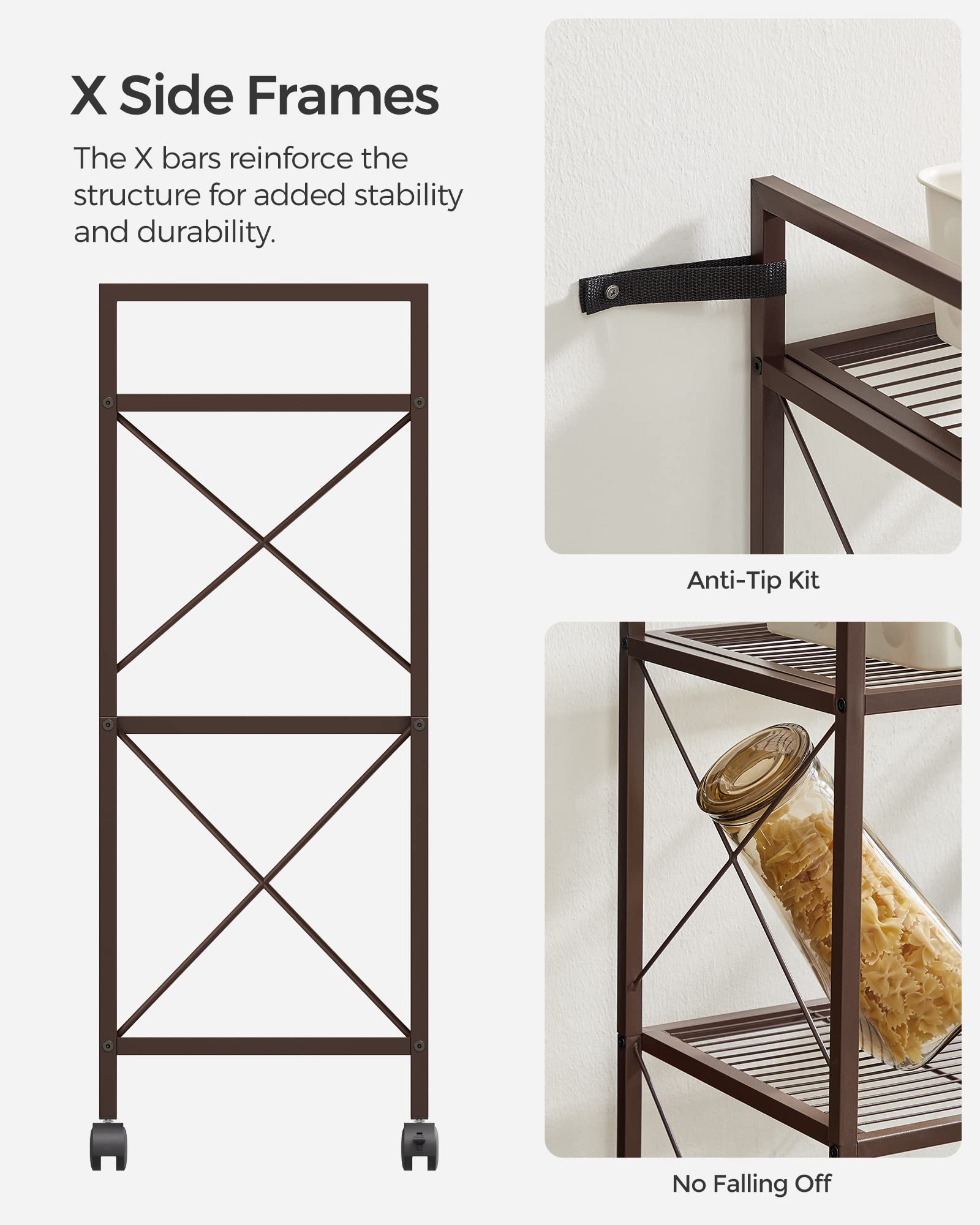 Songmics 3-Tier Metal Storage Rack With Wheels, Mesh Shelving Unit With X Side Frames, 23.6-Inch Width, For Entryway, Kitchen, Living Room, Bathroom, Industrial Style, Metallic Bronze Ubsc163A01