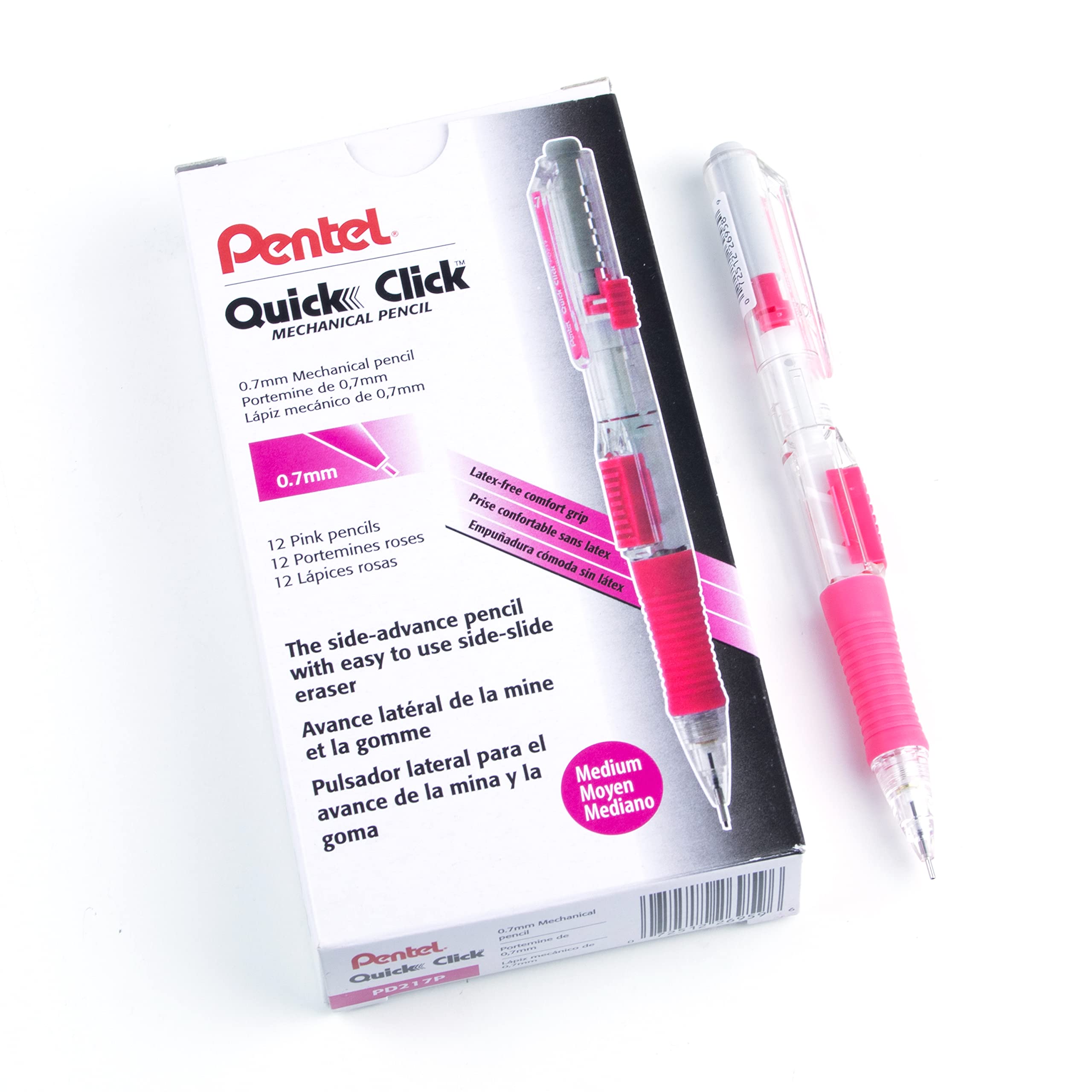 Pentel Quick Click Mechanical Pencil (0.7Mm), Pink Barrel, Box Of 12 Pencils (Pd217P)