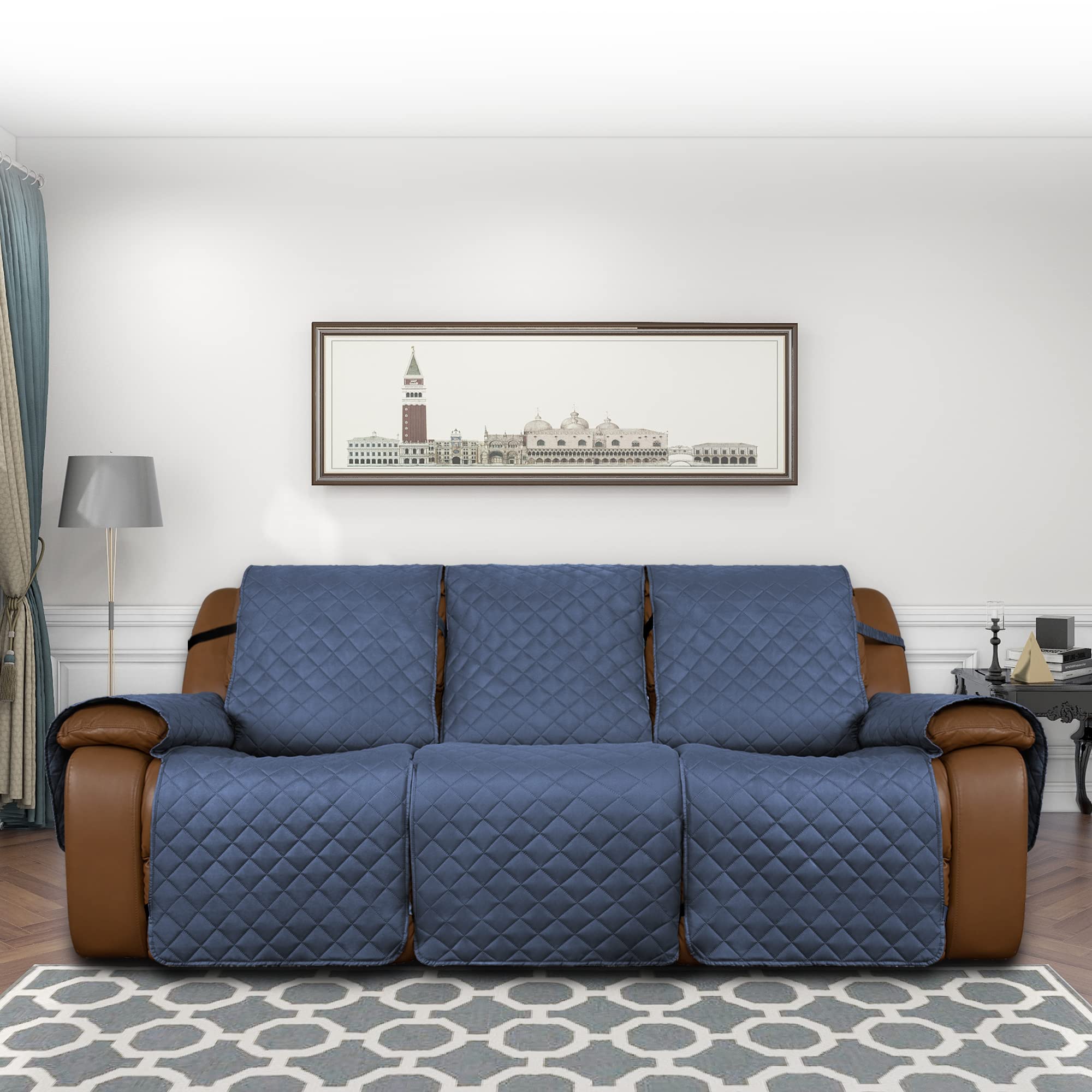 Easy-Going Oversized Recliner Sofa Cover, Reversible Couch Cover For 3 Seat Recliner, Split Sofa Cover For Each Seat With Elastic Straps For Kids, Dogs, Pets (3 Seater, Dark Blue/Dark Blue)