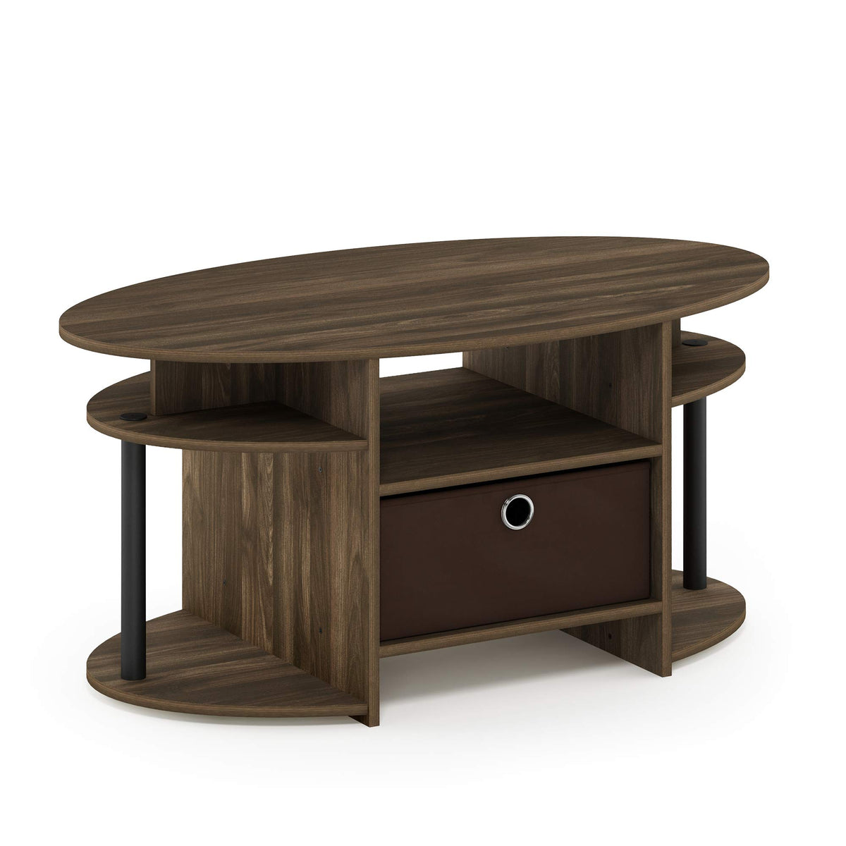 Furinno Jaya Simple Design Oval Coffee Table With Bin For Living Room, Columbia Walnut/Black/Dark Brown