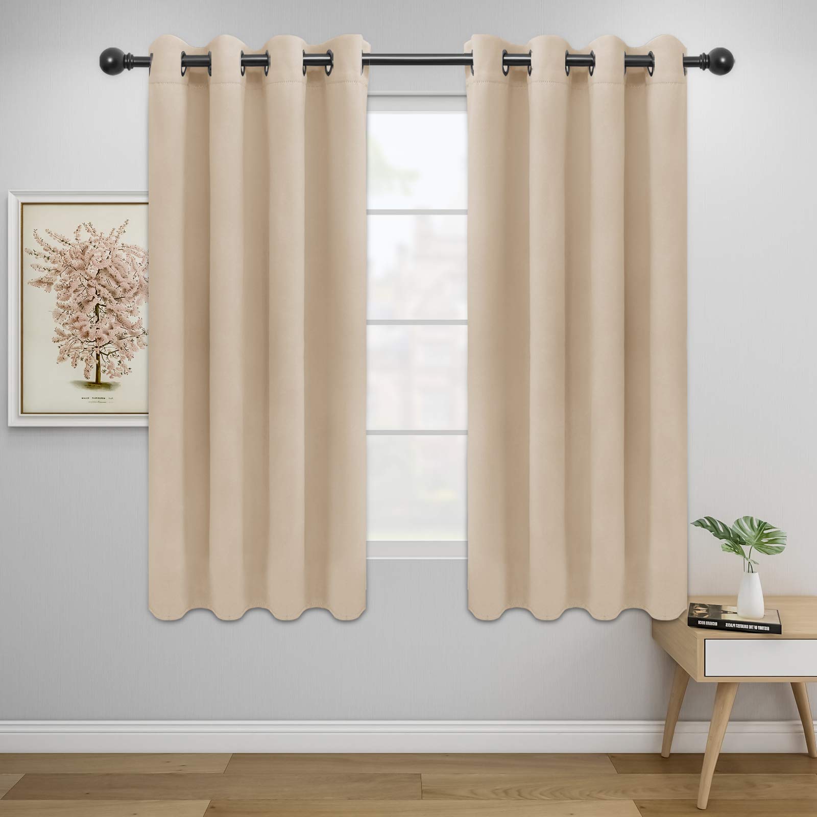 Easy-Going Blackout Curtains For Bedroom, Solid Thermal Insulated Grommet And Noise Reduction Window Drapes, Room Darkening Curtains For Living Room, 2 Panels (52X46 In, Light Linen)