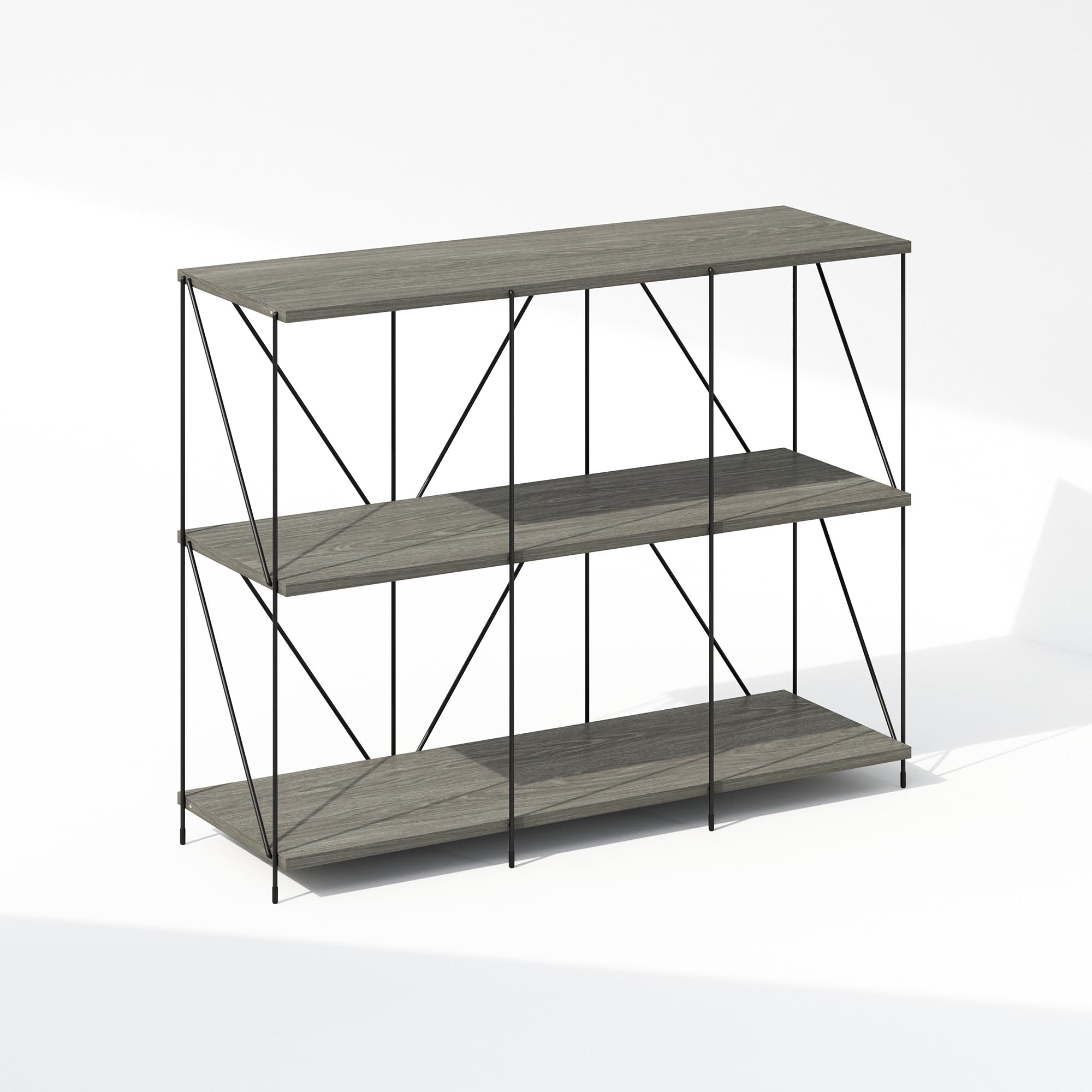 Furinno Wire 3-Tier Industrial Style Metal Frame Bookcase, Display Shelf, 35 Wide, Finn Oak