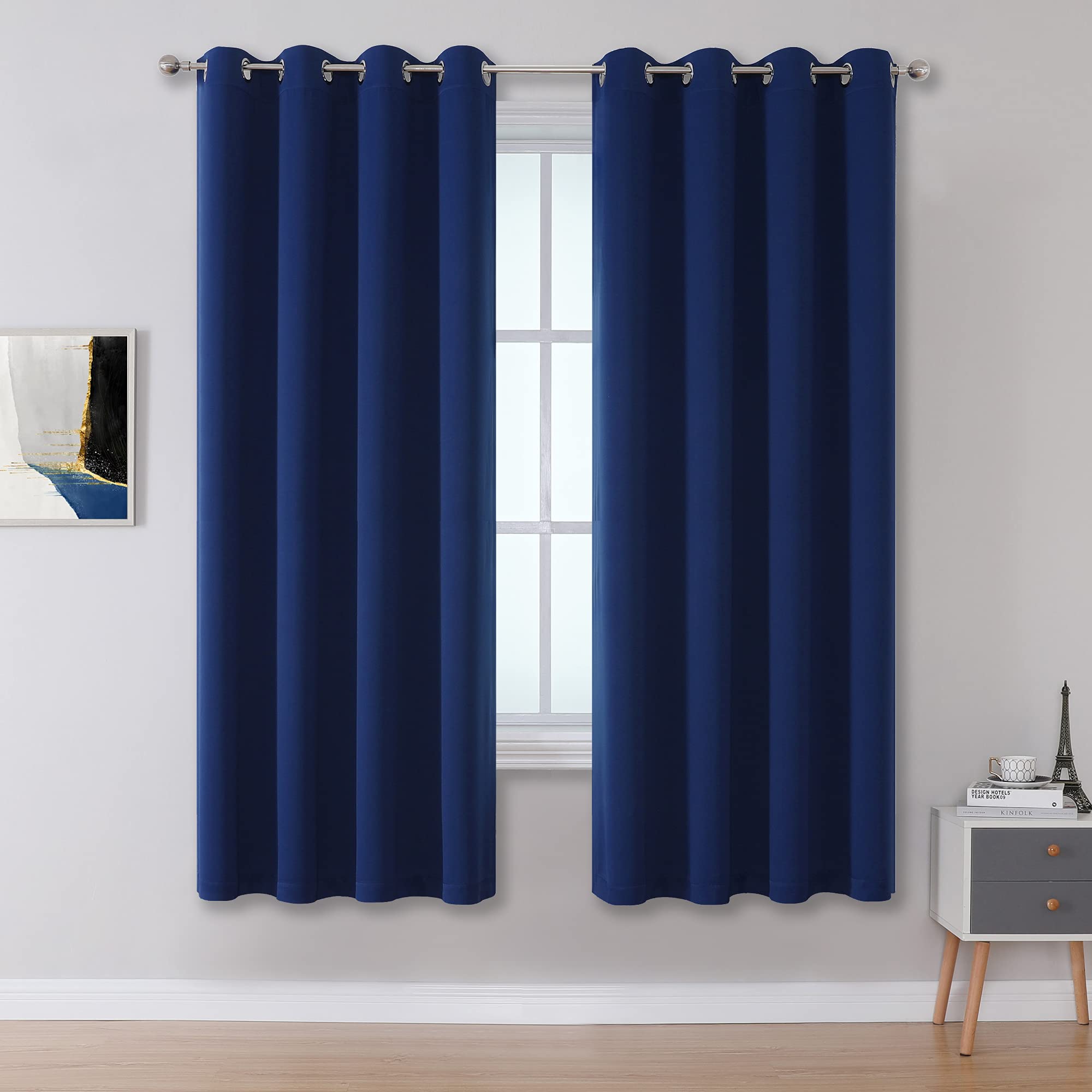 Dualife Navy Blue Blackout Curtains 63 Inch Length For Bedroom Thermal Insulated Blue Solid Window Drapes With Grommet Curtains