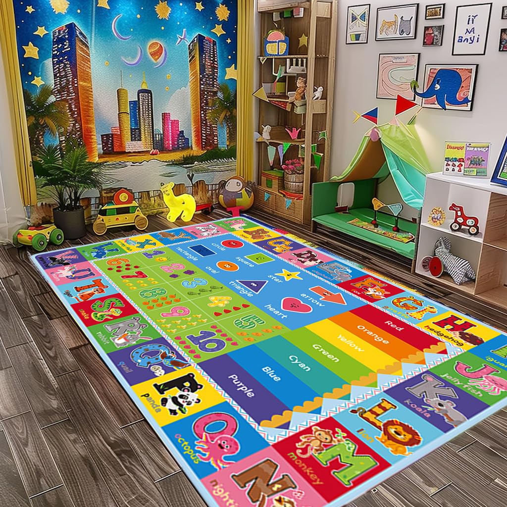 Abc Carpet,Kids Carpet For Playroom, Classroom Floor Play Mat For Kids,Preschool Rugs Wtih Abc, Numbers, Animals, Extra Large Th