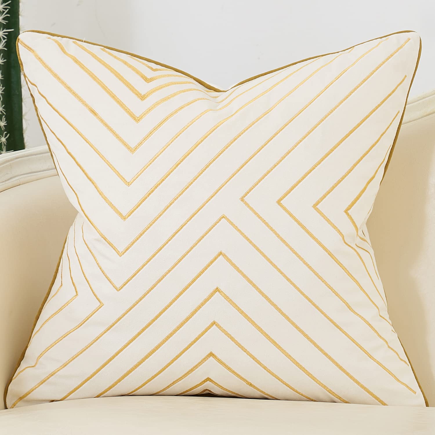 Avigers 18 X 18 Inch White Gold Striped Geometric Lines Embroidery Velvet Cushion Case Luxury Modern Throw Pillow Cover Decorati