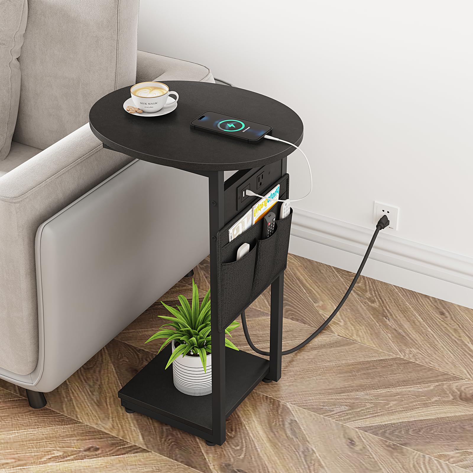 Vagusicc C Shaped End Table with Charging Station, Small Side Table for Couch, TV Tray Slide Under Sofa Table for Living Room Be