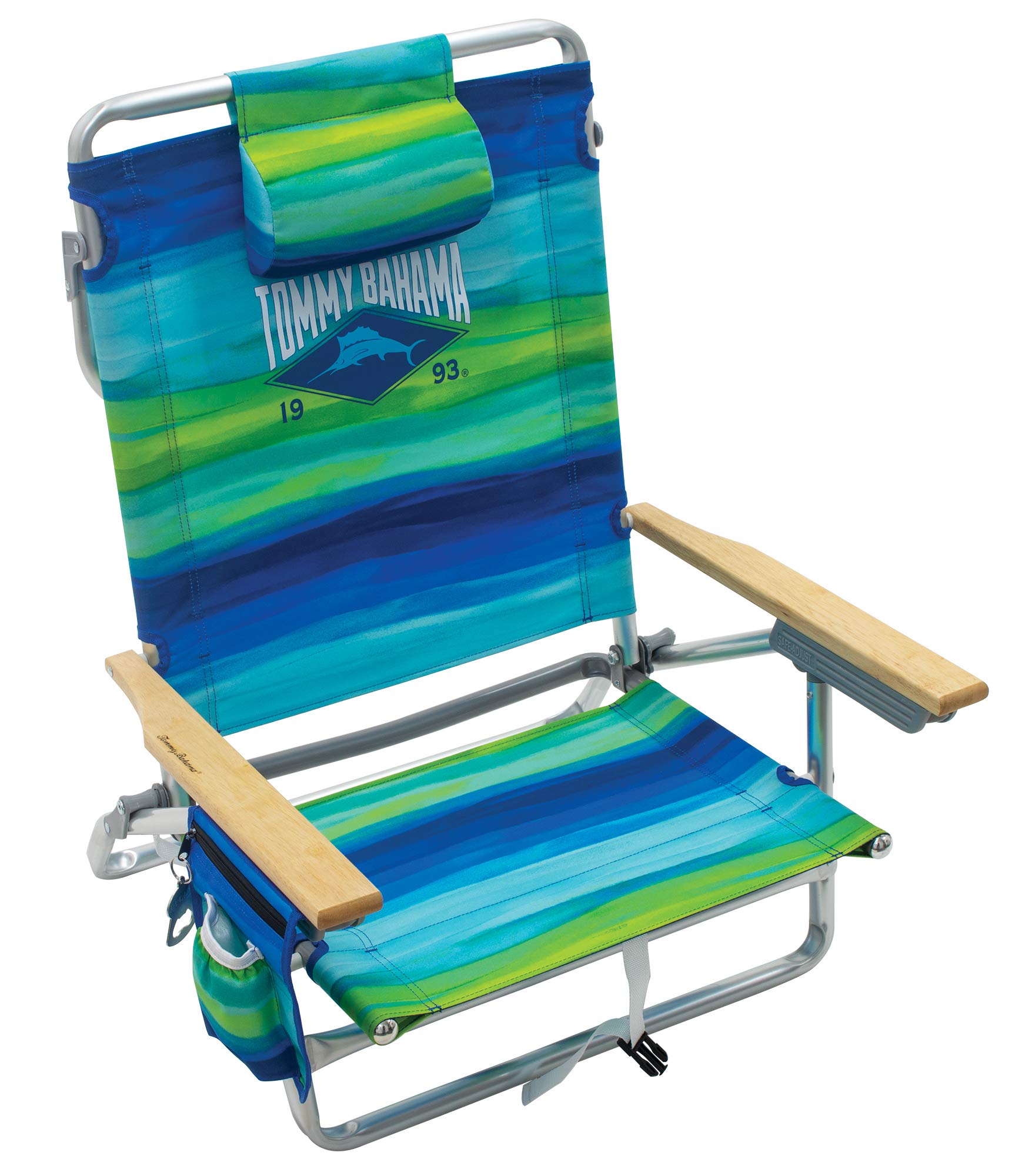 Tommy Bahama 5-Position Classic Lay Flat Folding Backpack Beach Chair, Blue and Green Stripe , 23 x 25.25 x 31.5