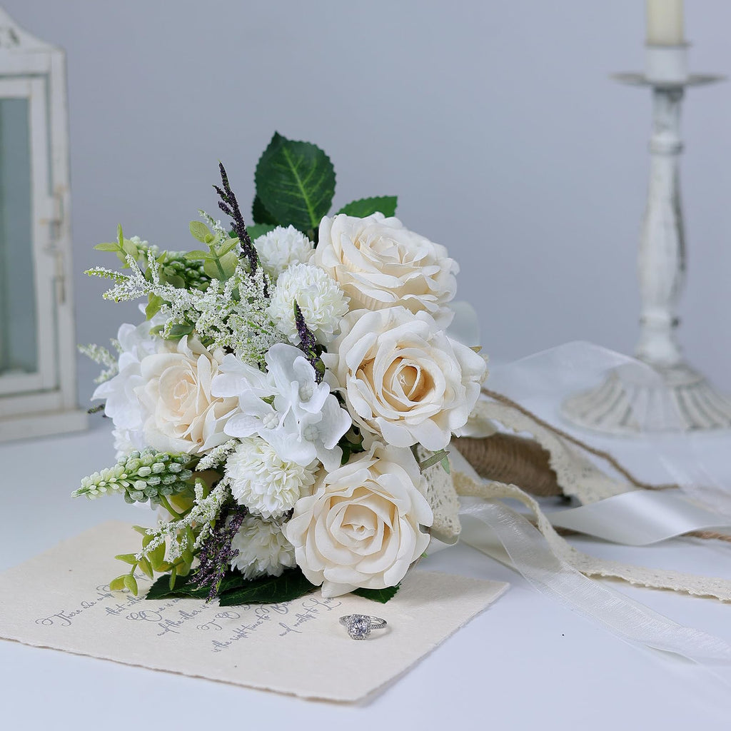Glidlion Wedding Bouquets For Bride Bridesmaid,White Champagne Artificial Roses Flowers For Wedding Church Decoration (7.5In)
