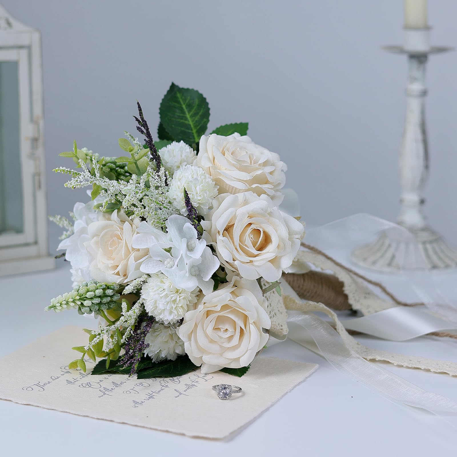 Glidlion Wedding Bouquets For Bride Bridesmaid,White Champagne Artificial Roses Flowers For Wedding Church Decoration (7.5In)