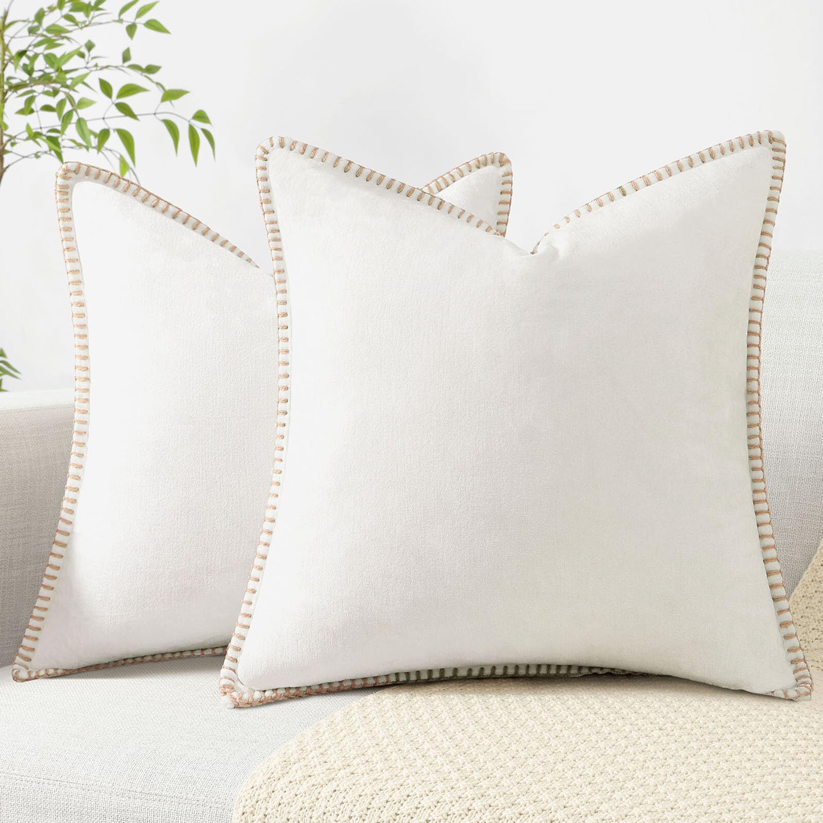 Decoruhome Chenille Soft Spring Throw Pillow Covers 26X26 Set Of 2, Farmhouse Velvet Decorative Pillow Covers With Stitched Edge For Couch Sofa Bed, Cream White