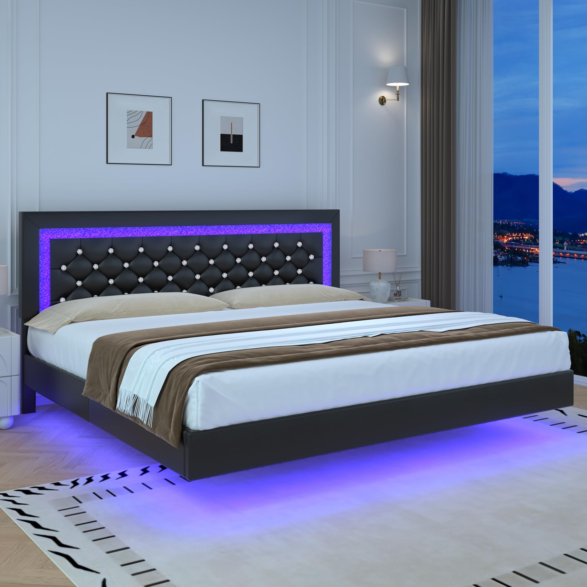 Floating Bed Frame King With Led Lights, Upholstered Platform Bed With Diamond Tufted Headboard, No Box Spring Needed, Noise Fre