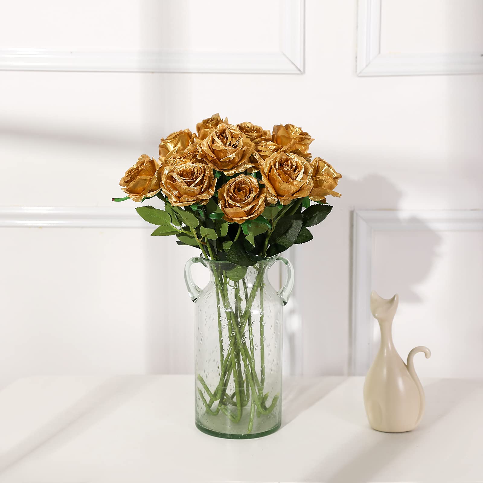 Tifuly Gold Roses Artificial Flowers -12Pcs Realistic Single Long Stem Fake Silk Roses Bouquet For Party Home Wedding Centerpiec