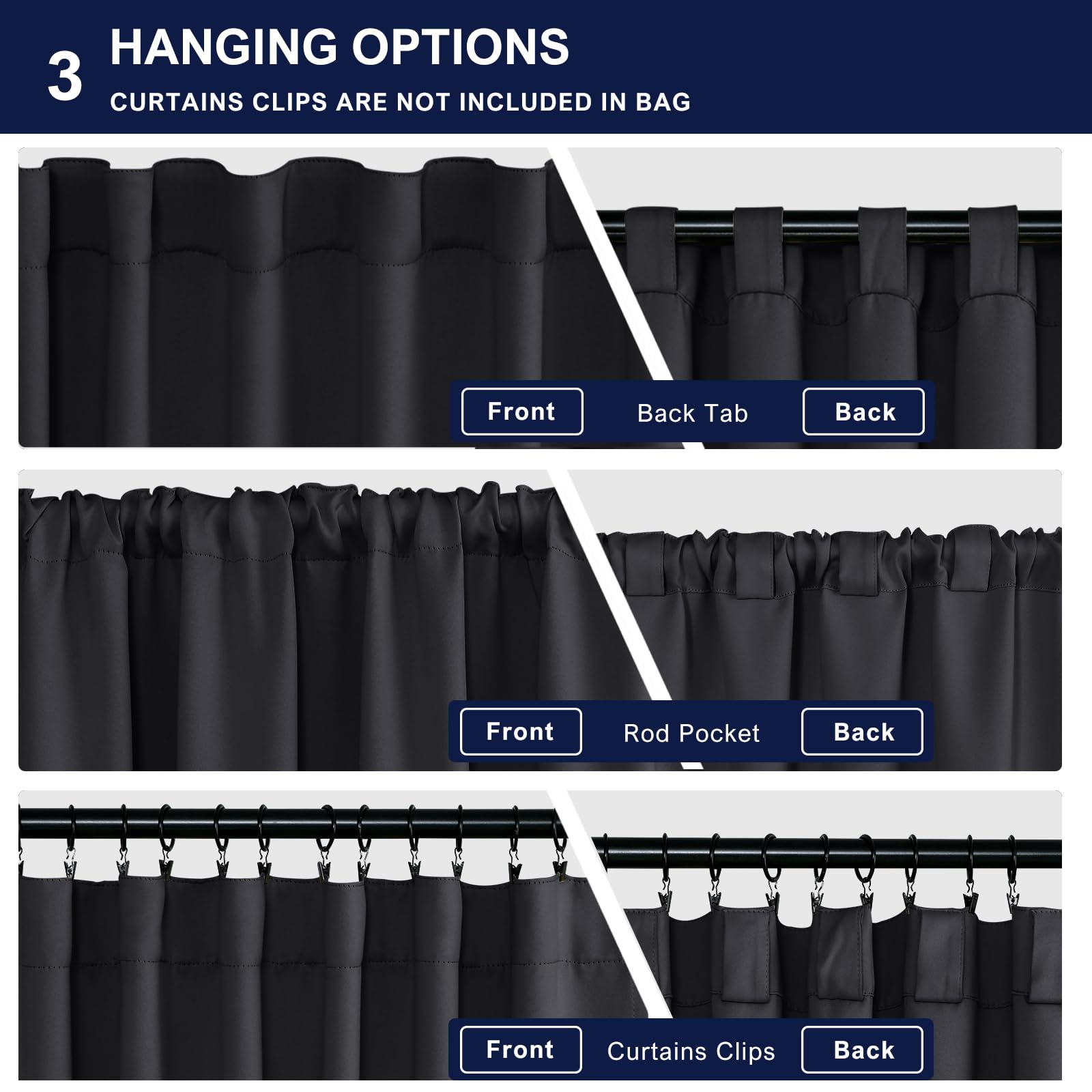 Hiasan Black Out Curtains 63 Inch Long Sewn With Tiebacks, Rod Pocket & Back Tab Blackout Thermal Insulated Drapes, Room Darkeni