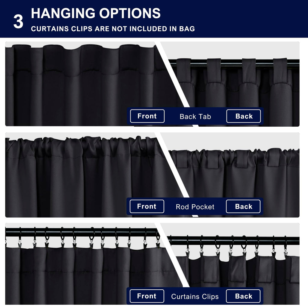 Hiasan Black Blackout Curtains 84 Inches Long 2 Panels, Thermal Insulated Window Treatment Sewn With Tiebacks, Back Tab & Rod Po