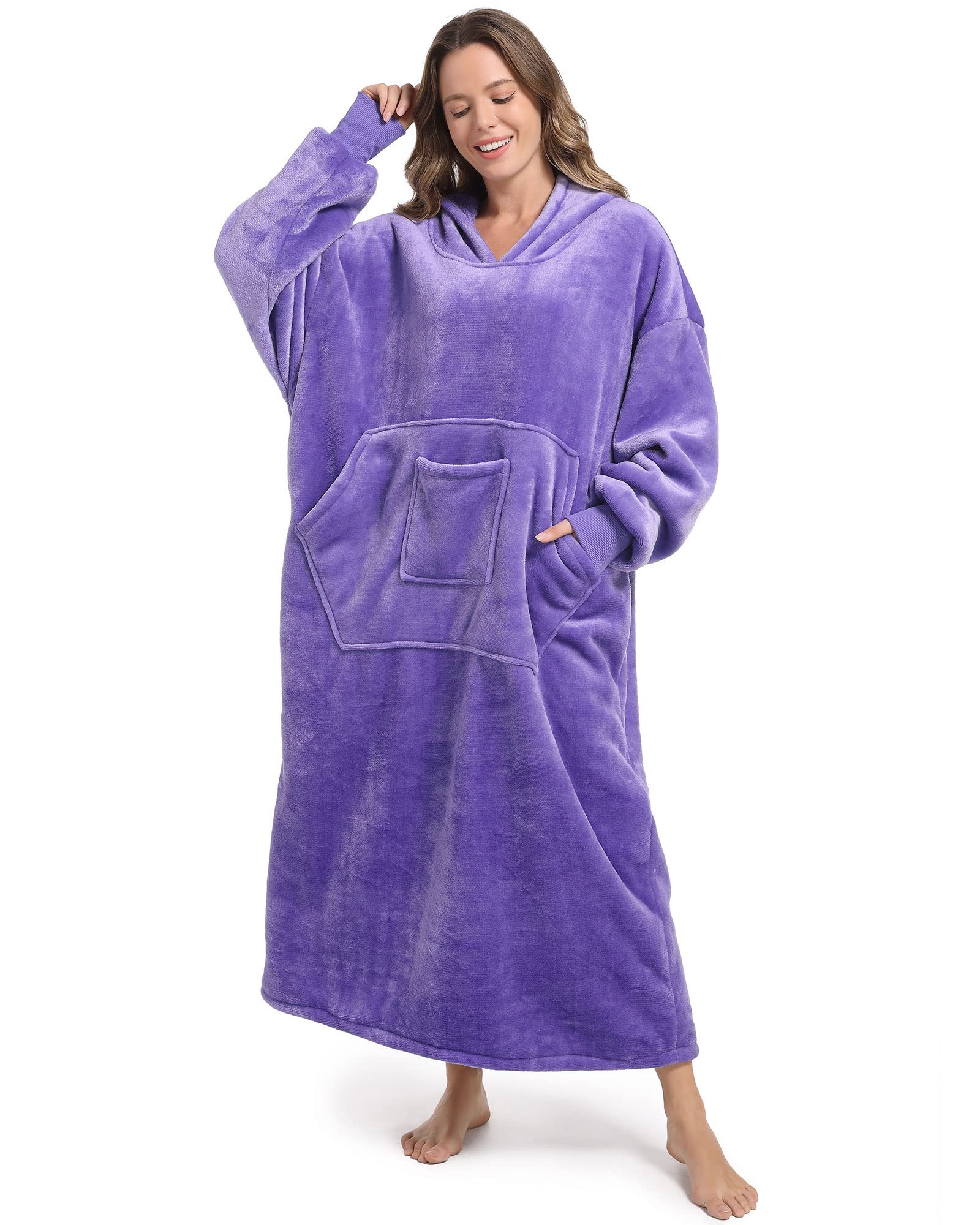 Fusseda Oversized Wearable Blanket Sweatshirt, Super Thick Warm Fleece Cozy Sherpa Hooded With Pockets And Sleeves Snuggie Gift