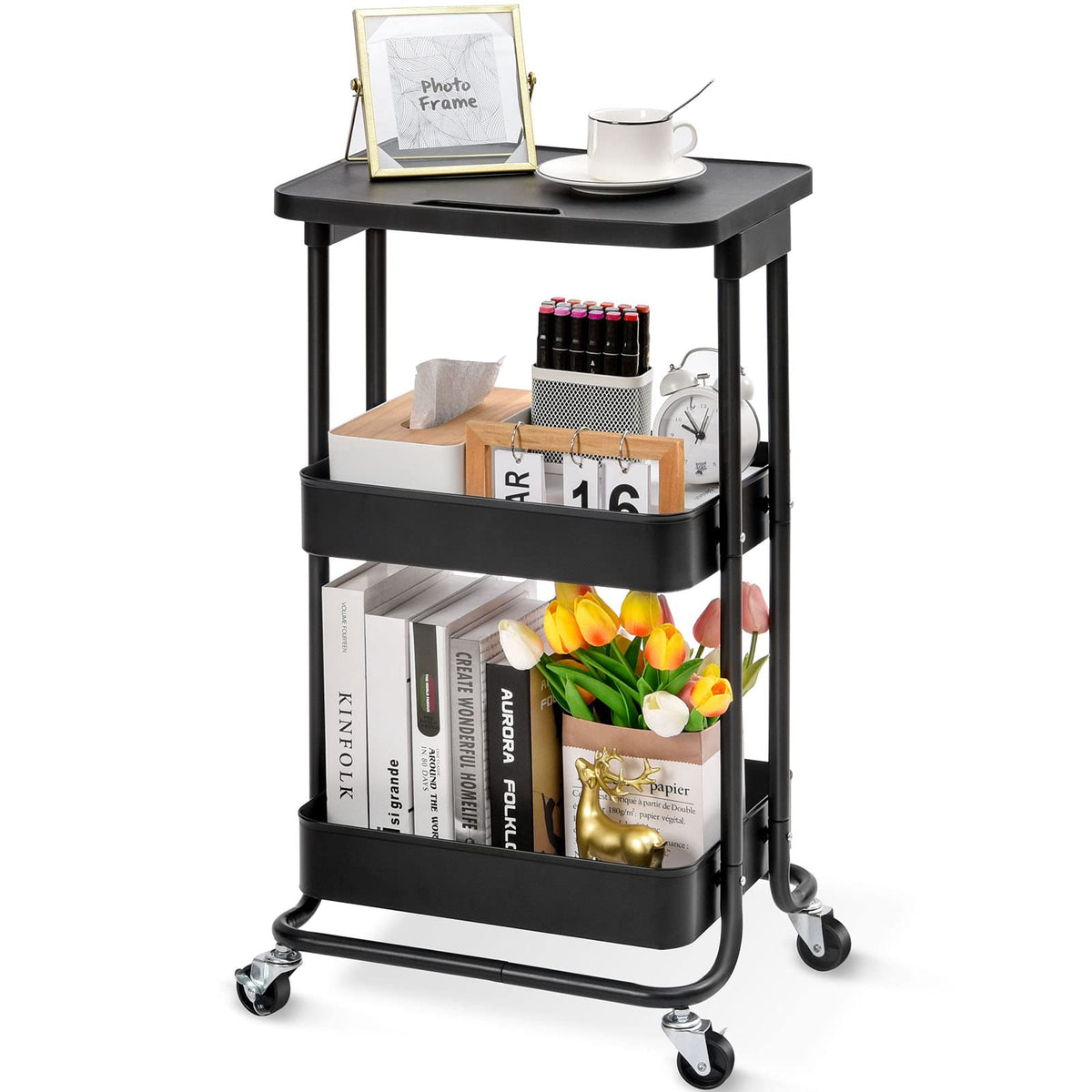 Toolf 3-Tier Metal Rolling Storage Cart With Tabletop, Utility Rolling Carts With Wheels,Trolley Organizer With Handle For Library Office Classroom Home Bedroom, Black