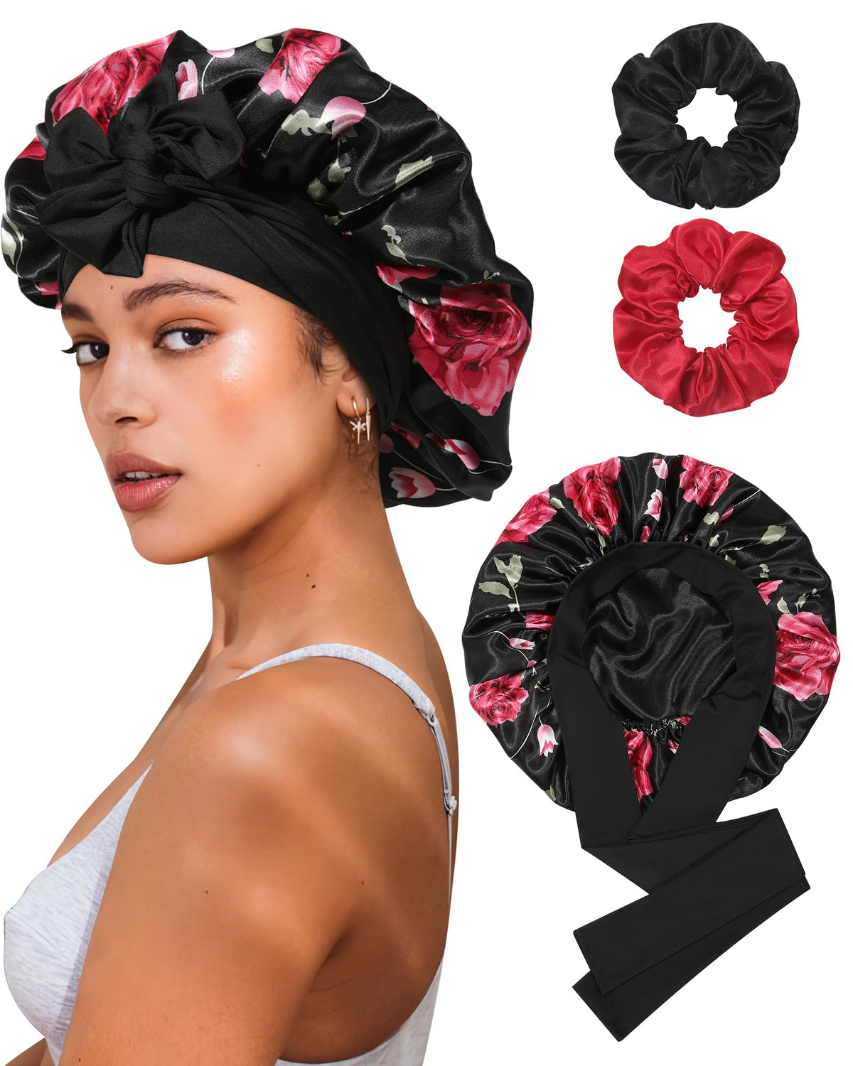 Reversible Satin Bonnet for Sleeping Women Silk Bonnet Double Layer Hair Bonnet with 2PCS Hair Scrunchies Elastic Tie Band Night