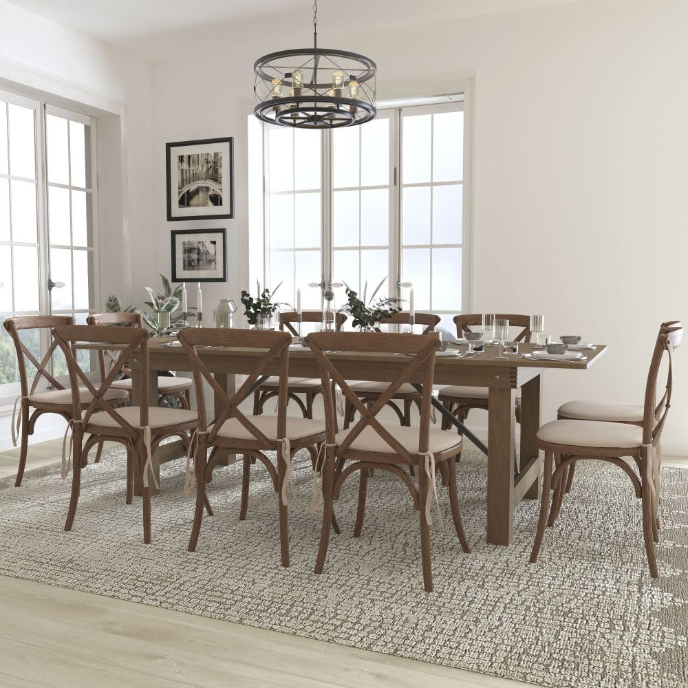Flash Furniture HERCULES Series 8' x 40'' Antique Rustic Folding Farm Table Set with 10 Cross Back Chairs and Cushions